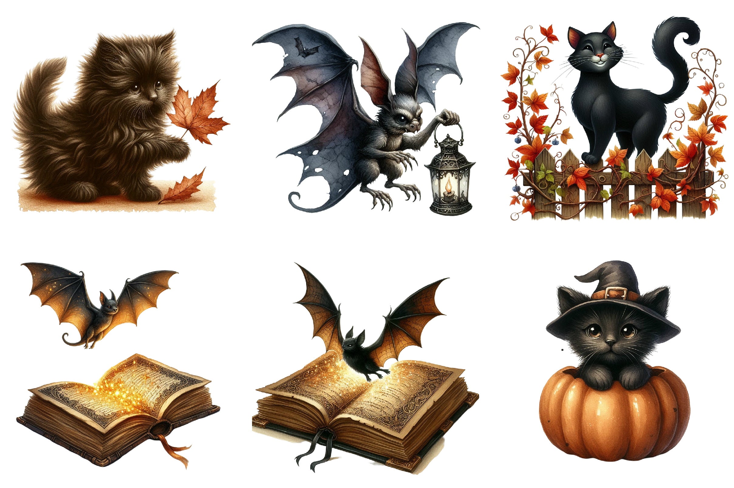 Vintage Halloween Cats and Bats Clipart Bundle
