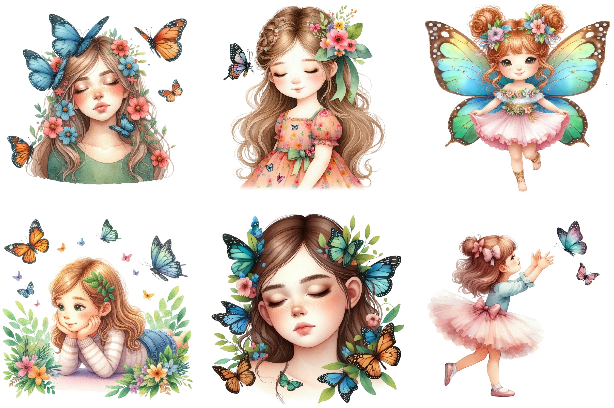 Cute Girl and Butterflies Clipart Bundle
