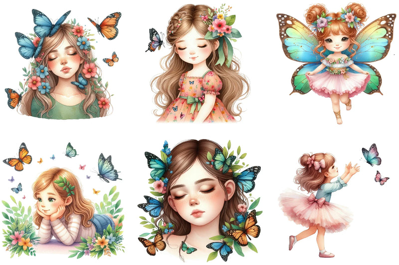 Cute Girl and Butterflies Clipart Bundle - CraftNest - Digital Crafting and Art