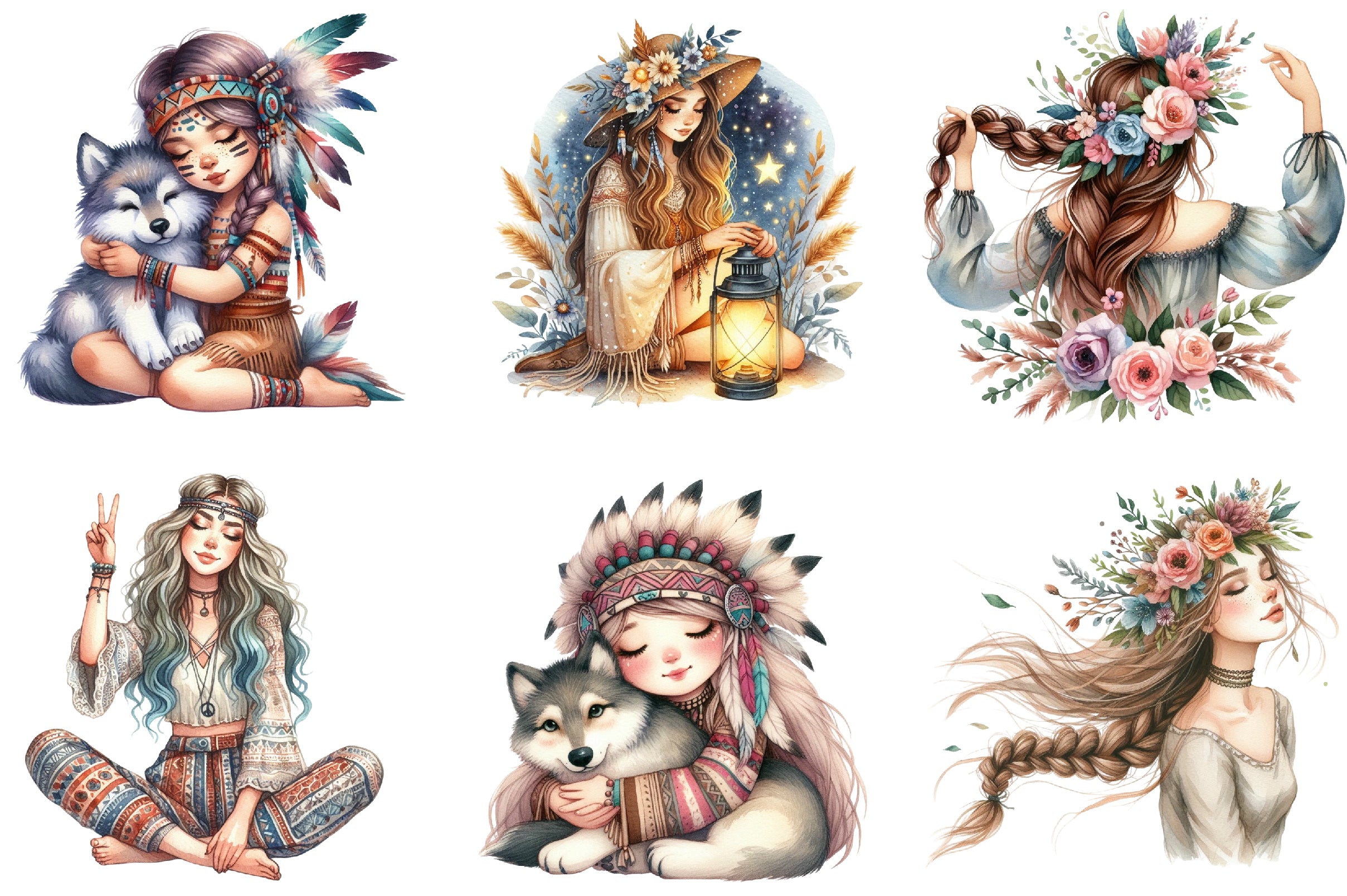 Tribal Boho Girl Clipart Bundle