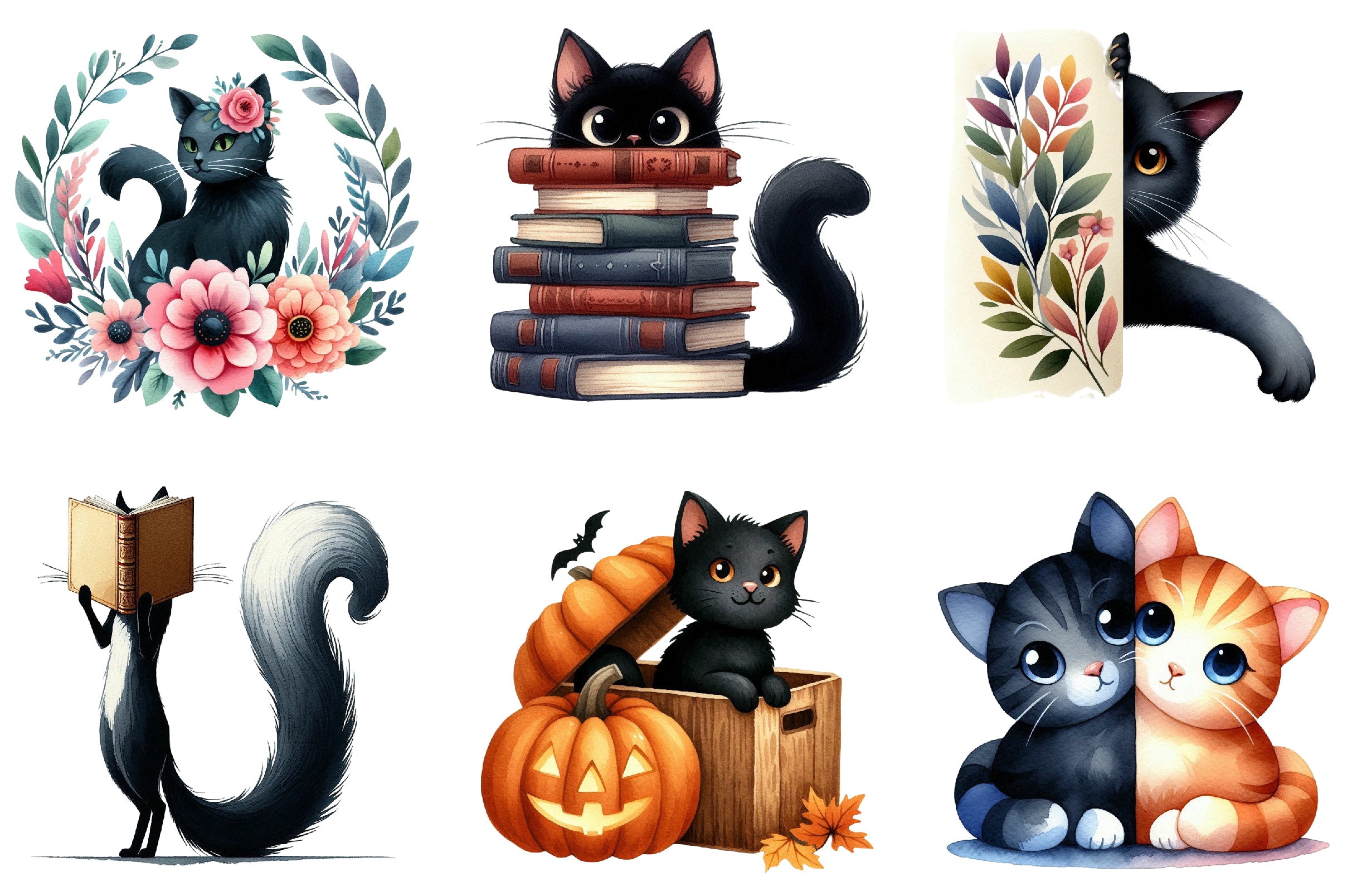 Cute Cat Peeking Silhouette Clipart Bundle