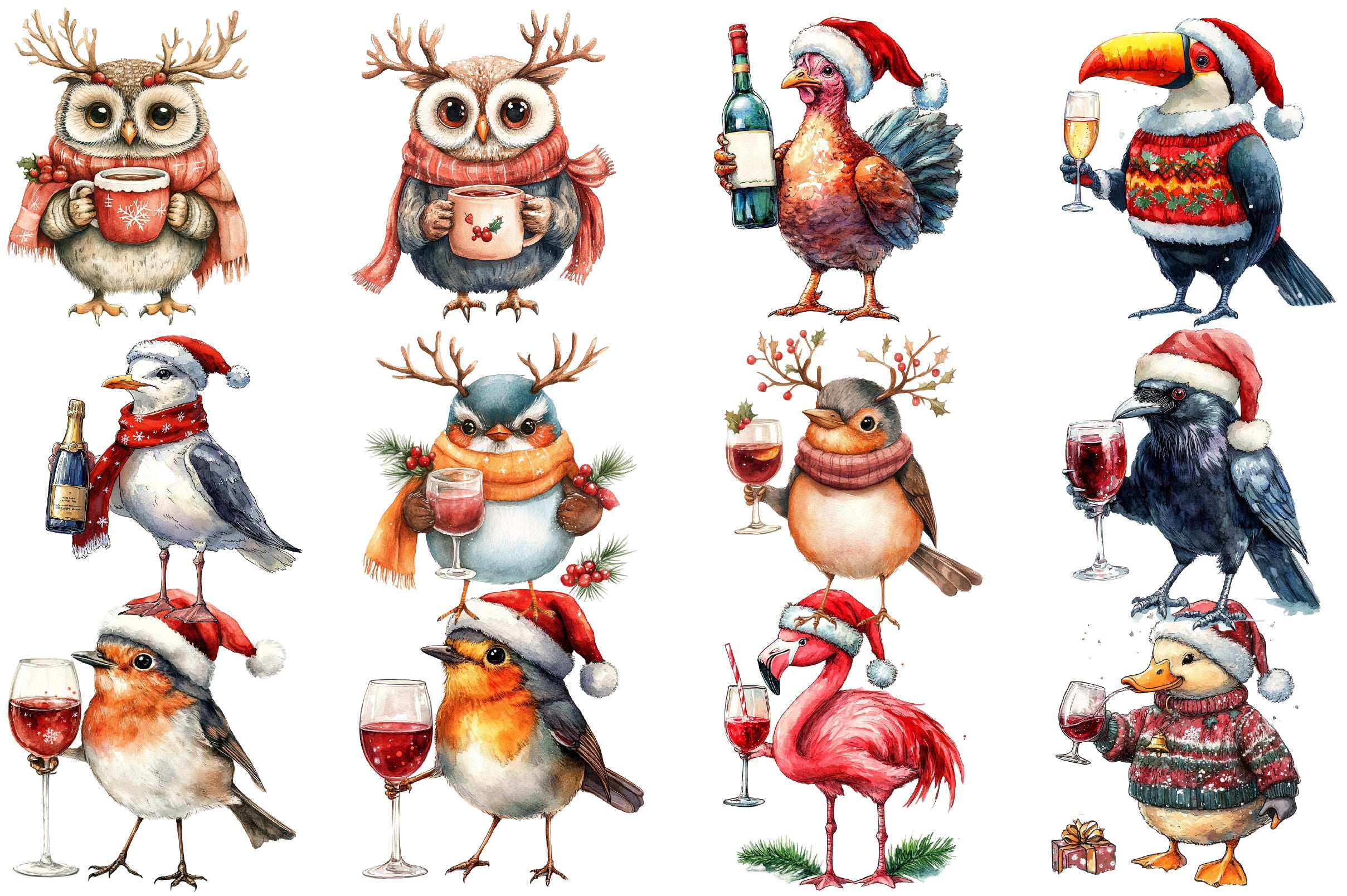 Christmas Funny Bird Wine Clipart Bundle