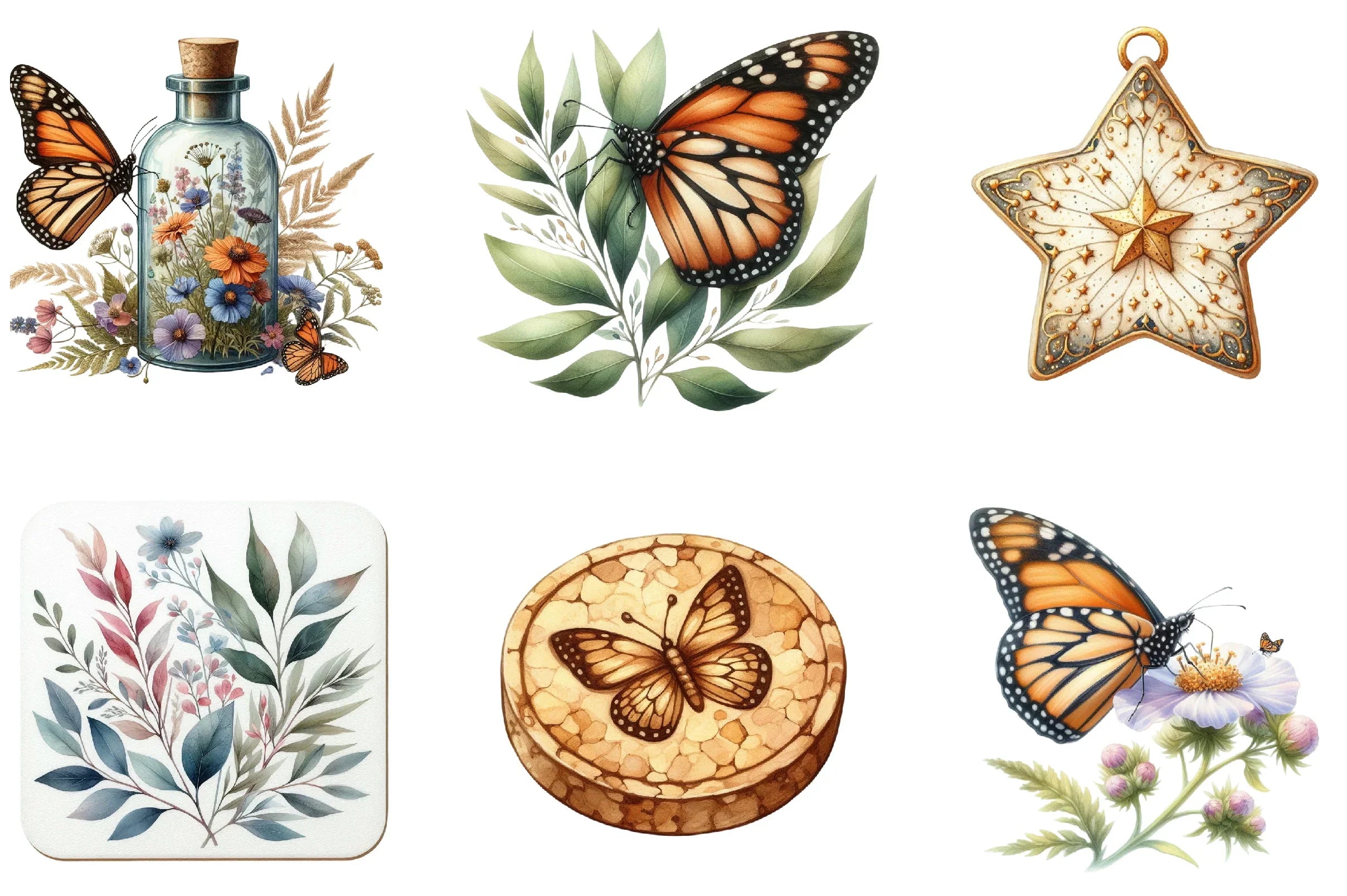 Monarch Butterfly Coaster Dahlia Flower Clipart Bundle - CraftNest - Digital Crafting and Art