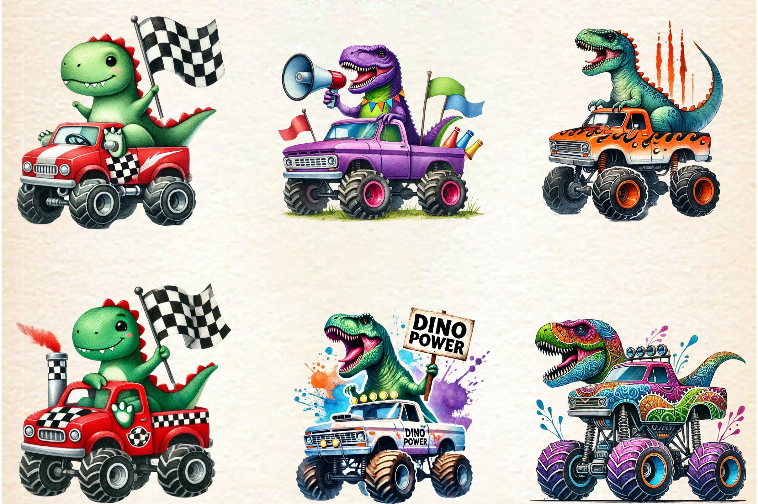 T-Rex Dinosaur Monster Truck Clipart Bundle