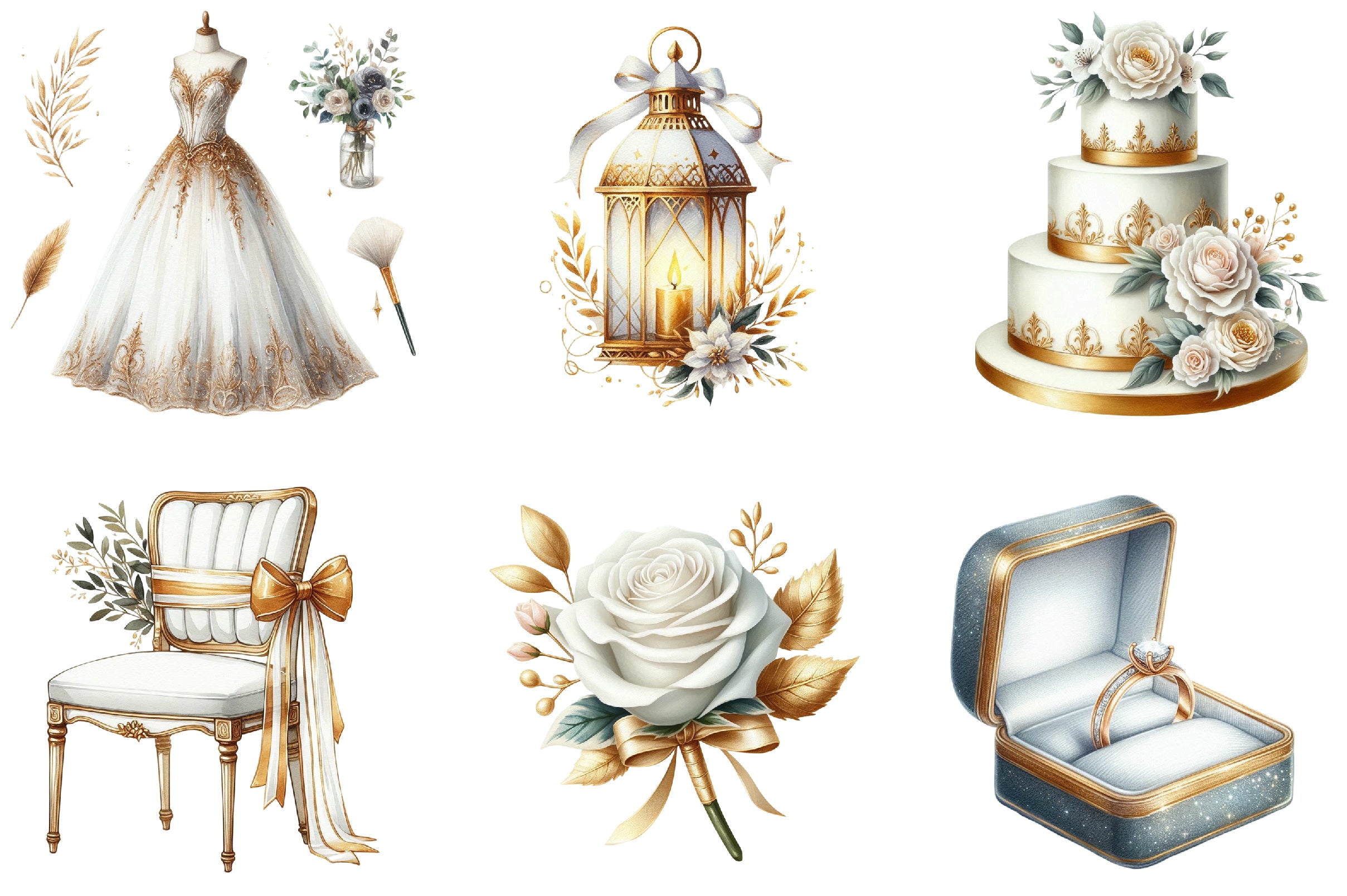 White & Gold Wedding Clipart Bundle