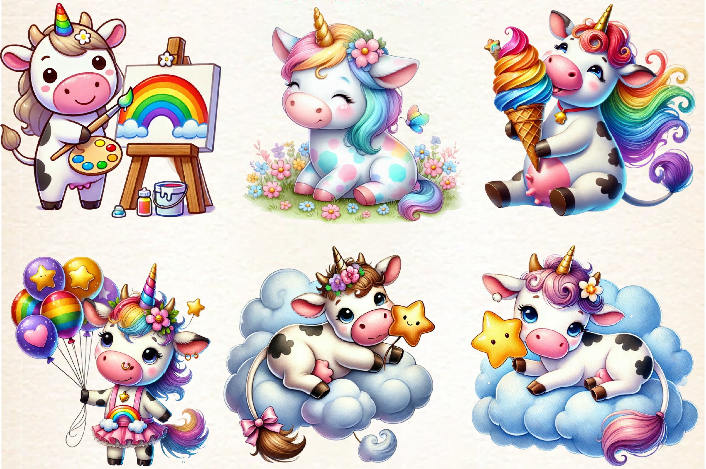 Unicorn Cute Cow Clipart Bundle
