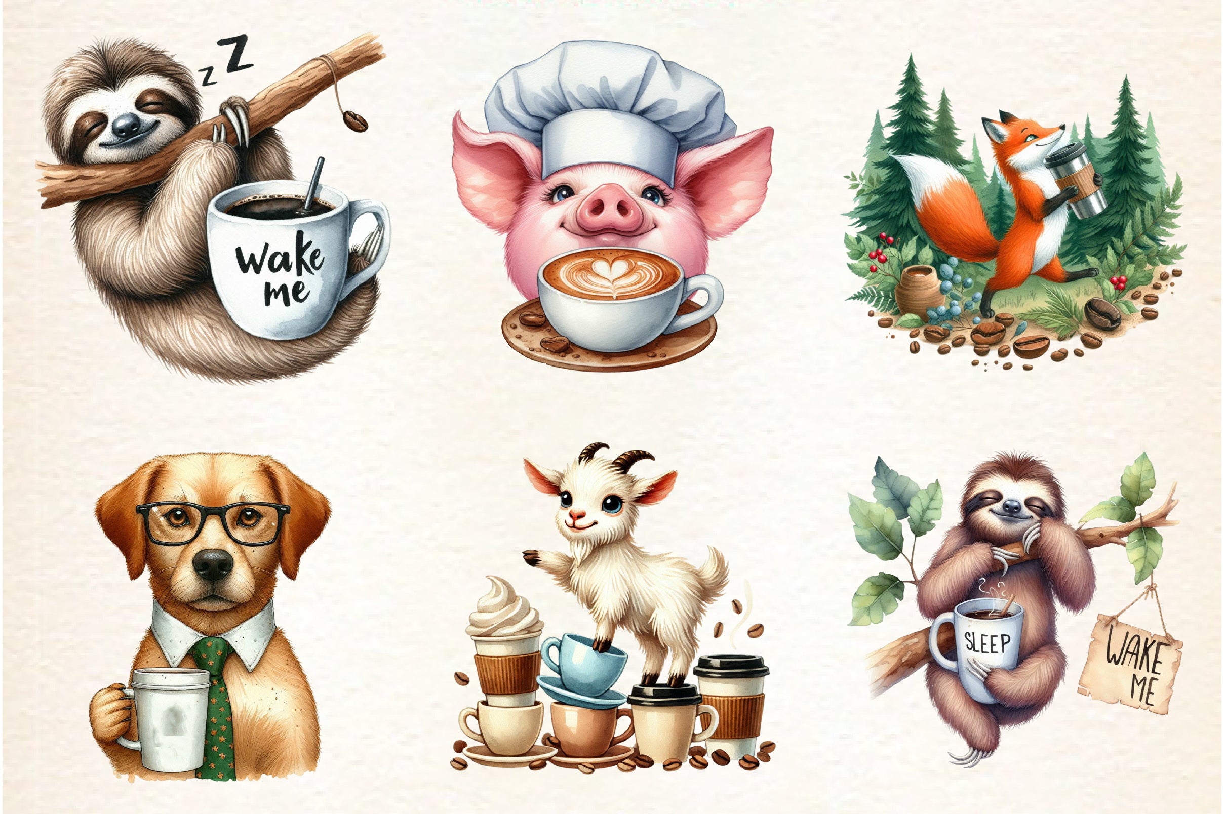 Funny Coffee Animals Clipart Bundle