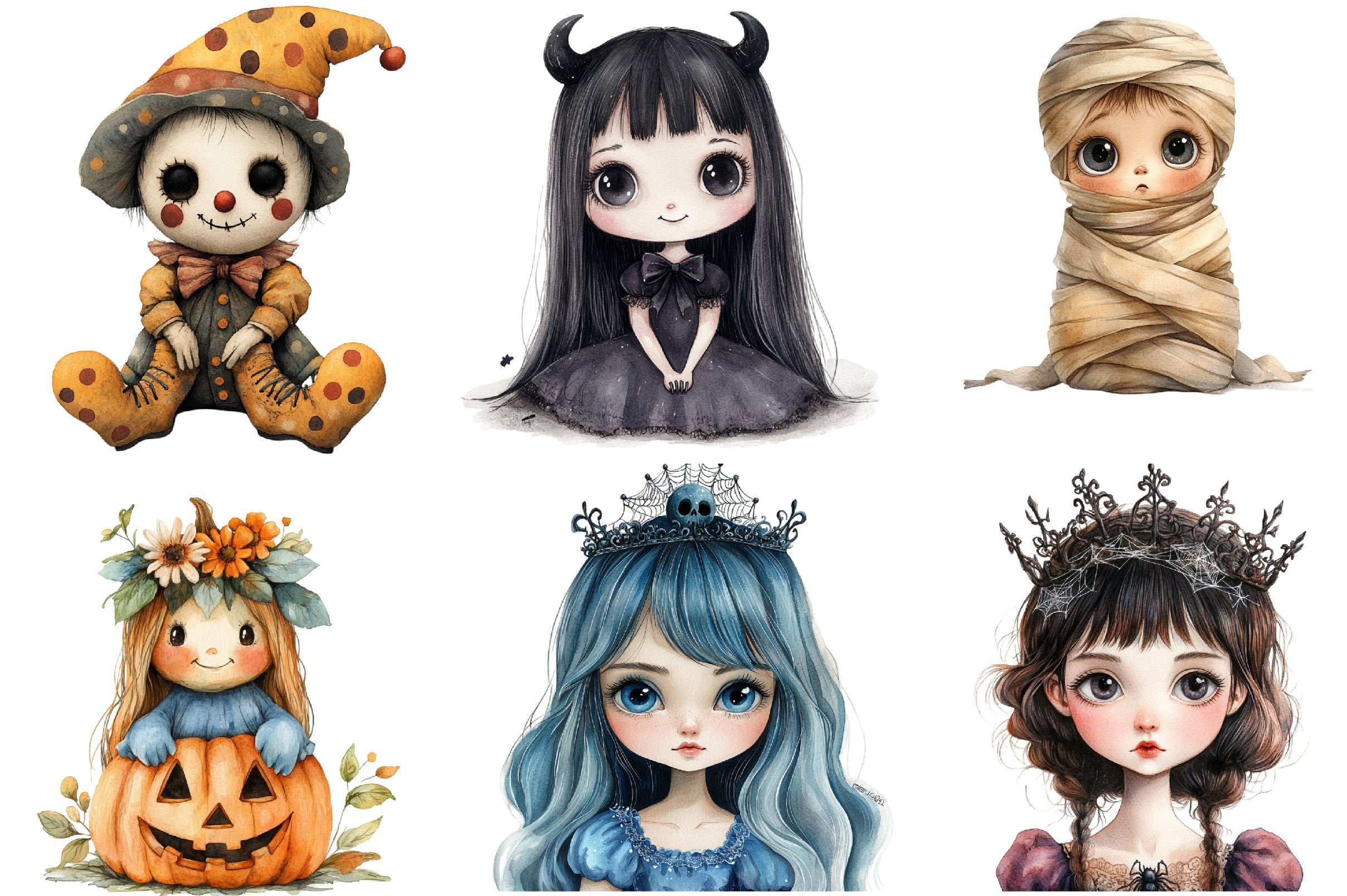Whimsical Halloween Doll Clipart Bundle
