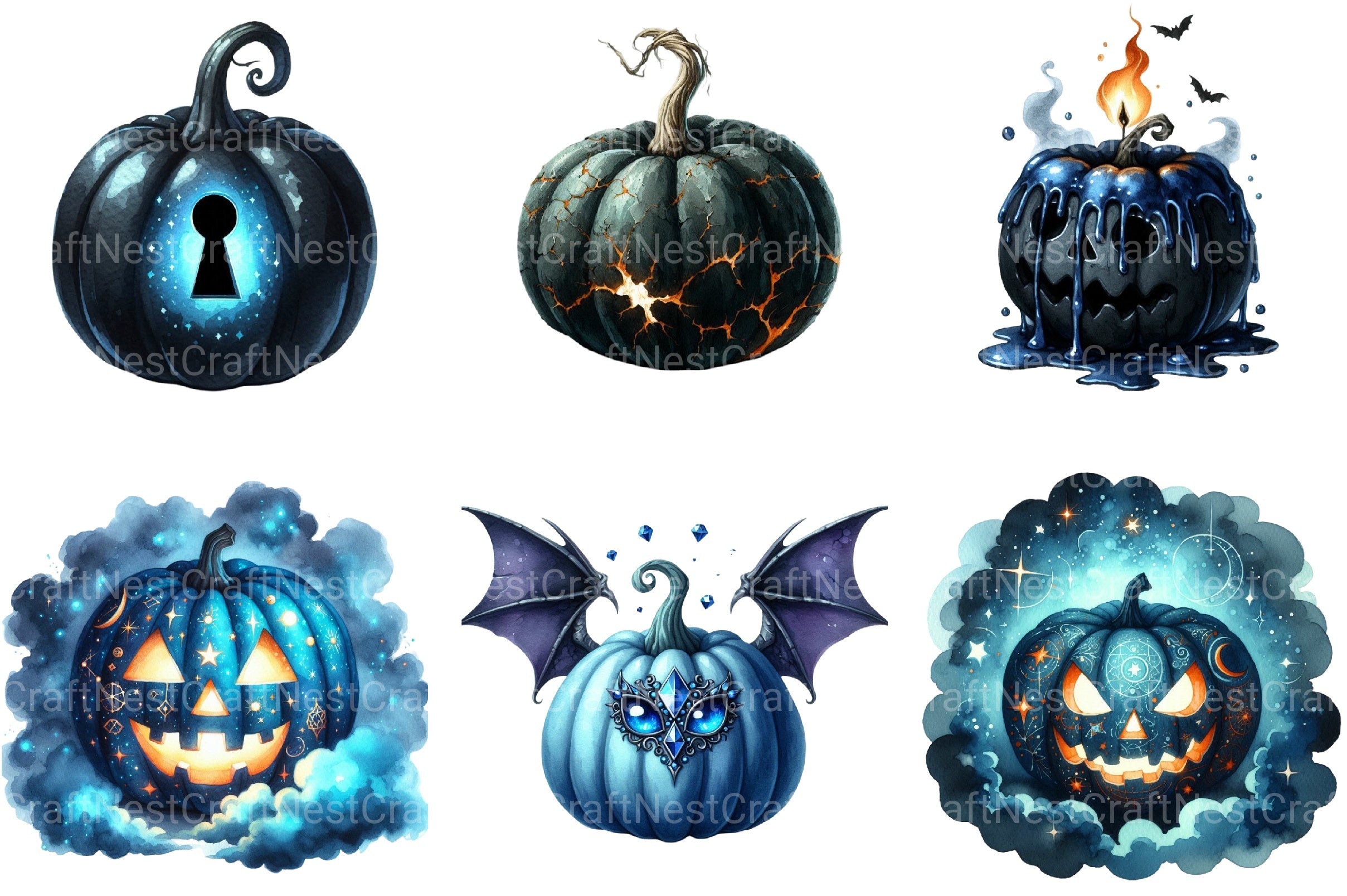 Creepy Black and Blue Halloween Pumpkin Clipart Bundle - CraftNest - Digital Crafting and Art