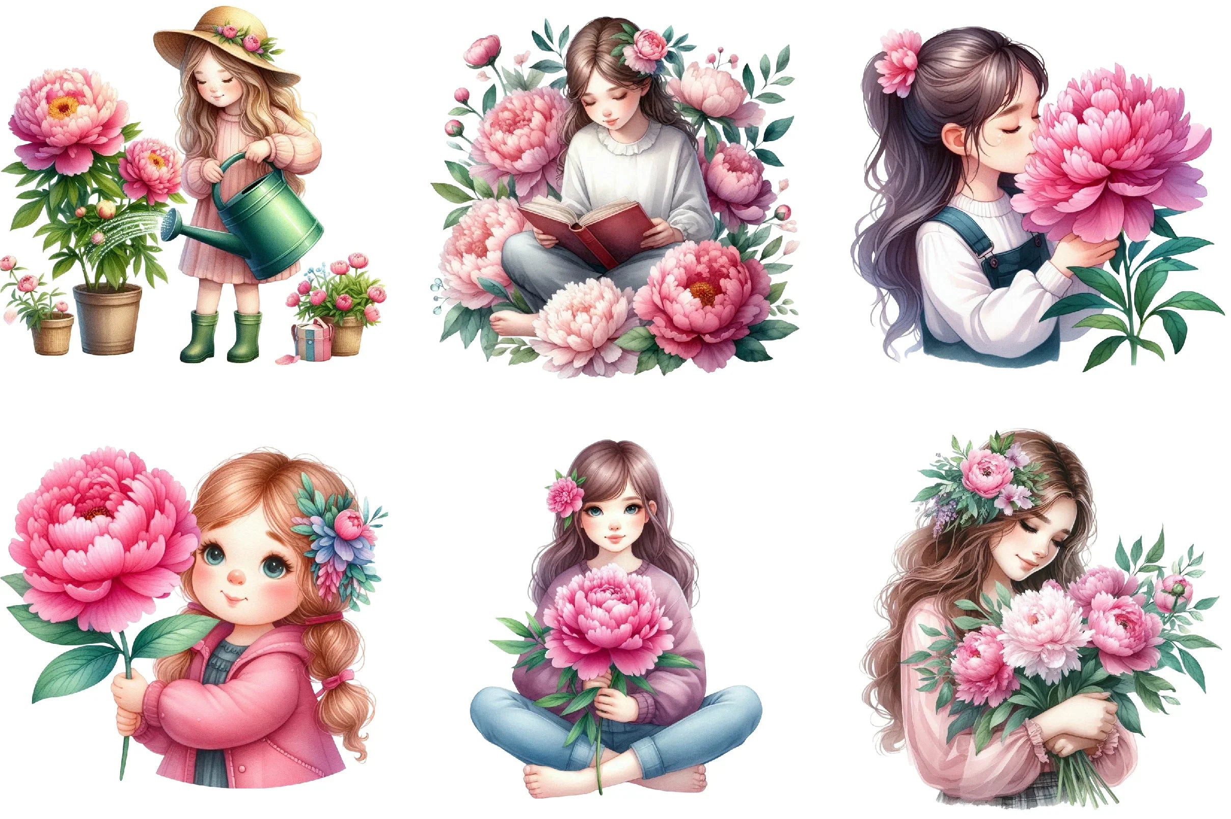 Girl with Peonies Flower Clipart Bundle - CraftNest - Digital Crafting and Art