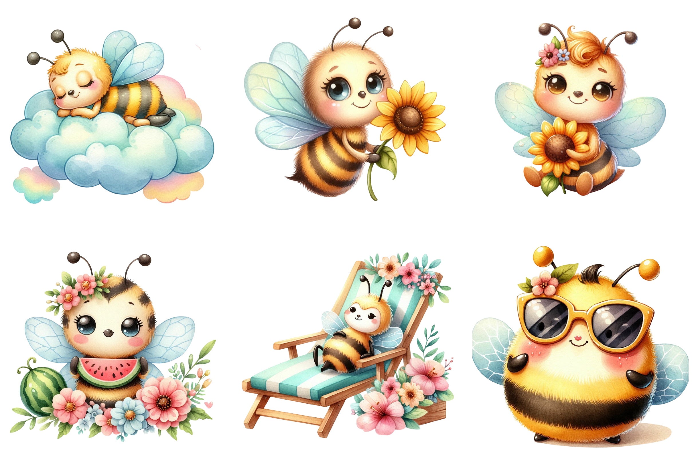 Cute Cartoon Bees Summer Clipart Bundle