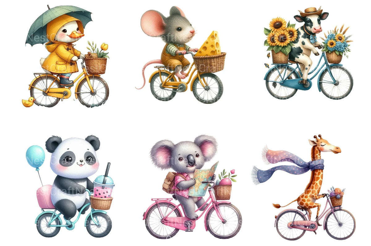 Animal Rising Bike Animal Riding Bike Stickers Clipart Bundle