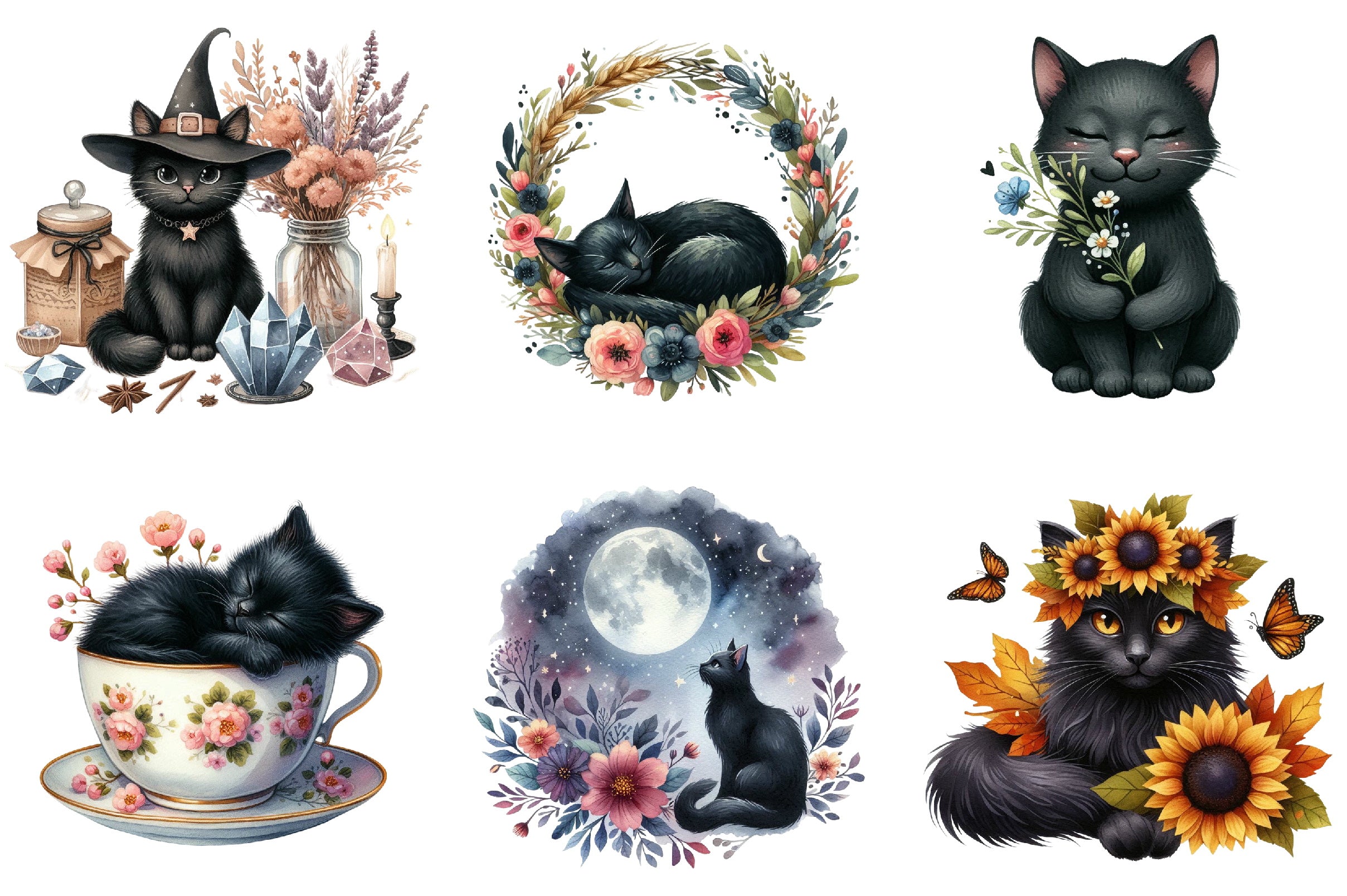 Floral Black Cat Clipart Bundle