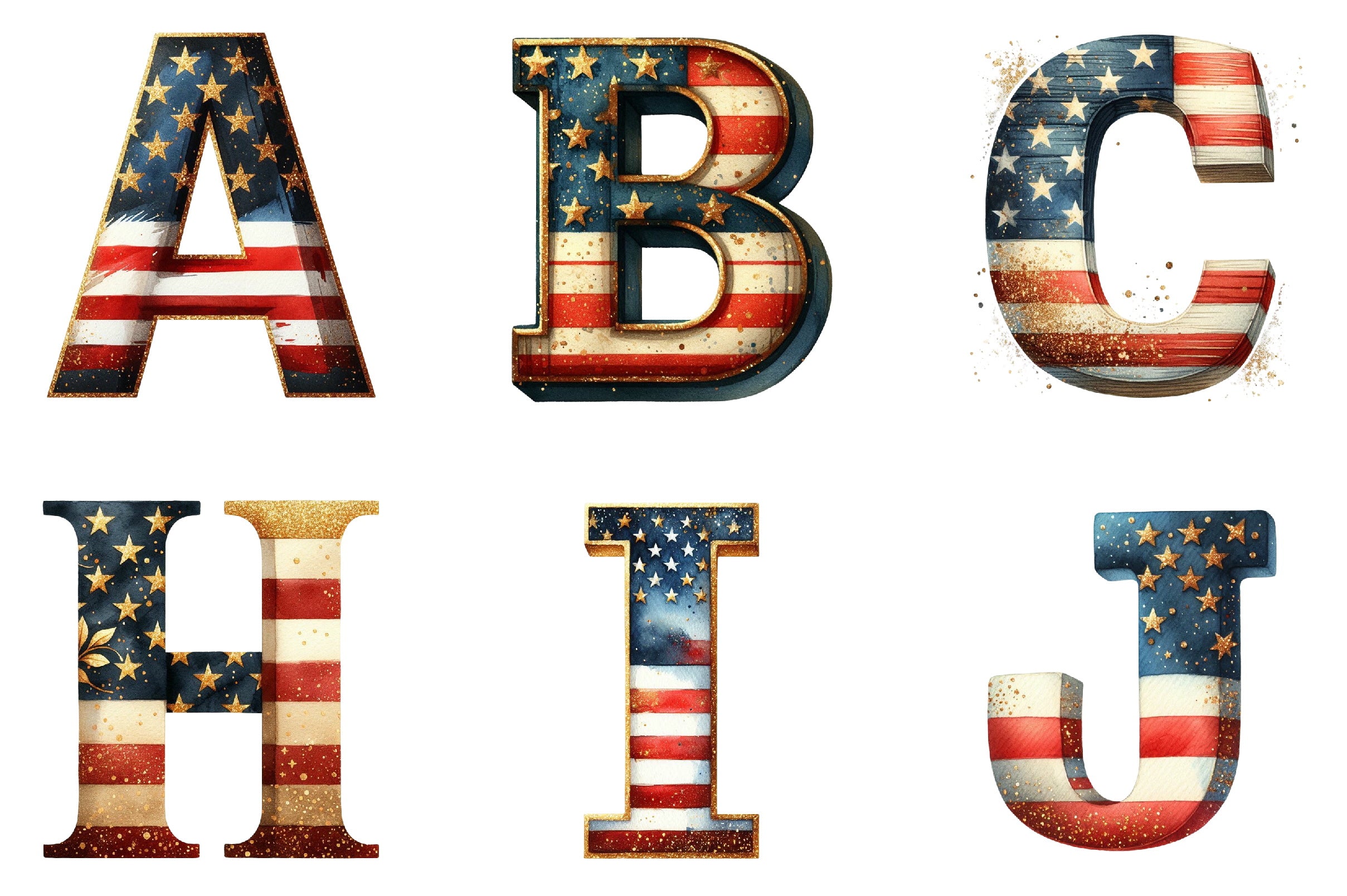 Vintage Glitter USA Alphabet Clipart Bundle