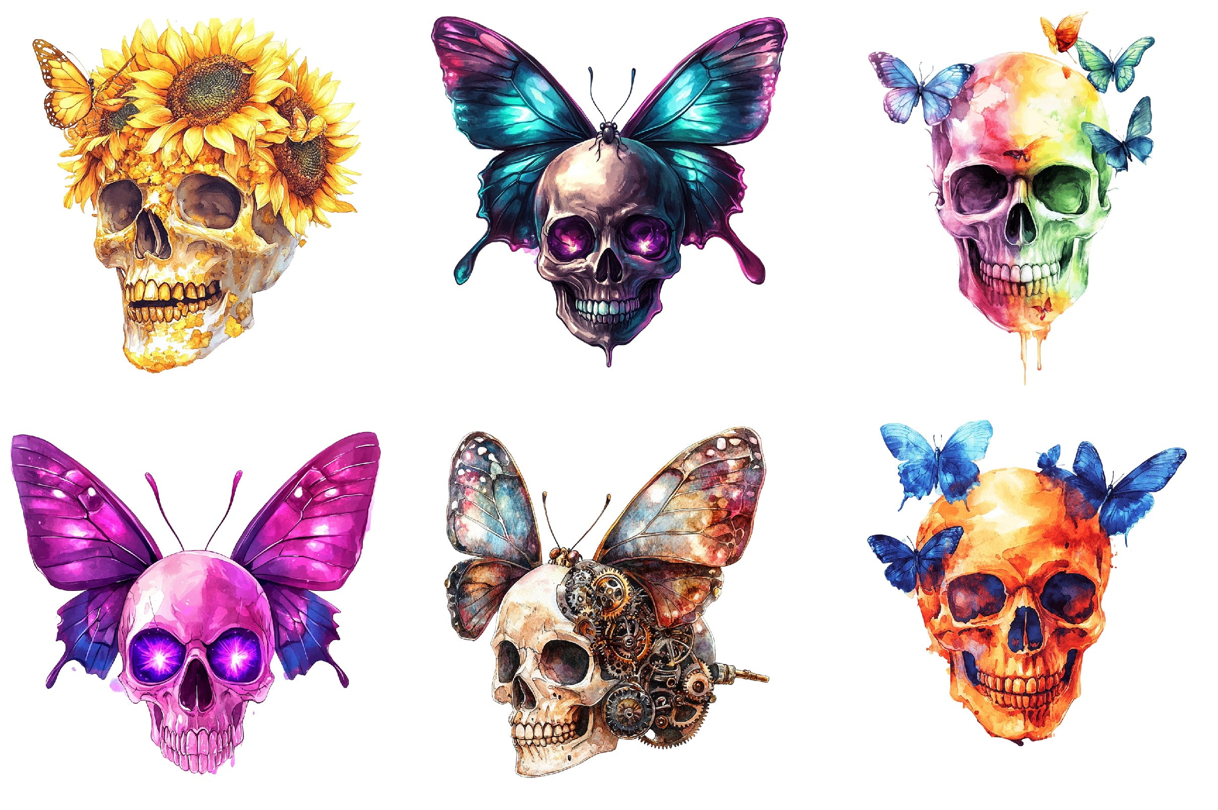 Colorful Skull & Butterfly Clipart Bundle