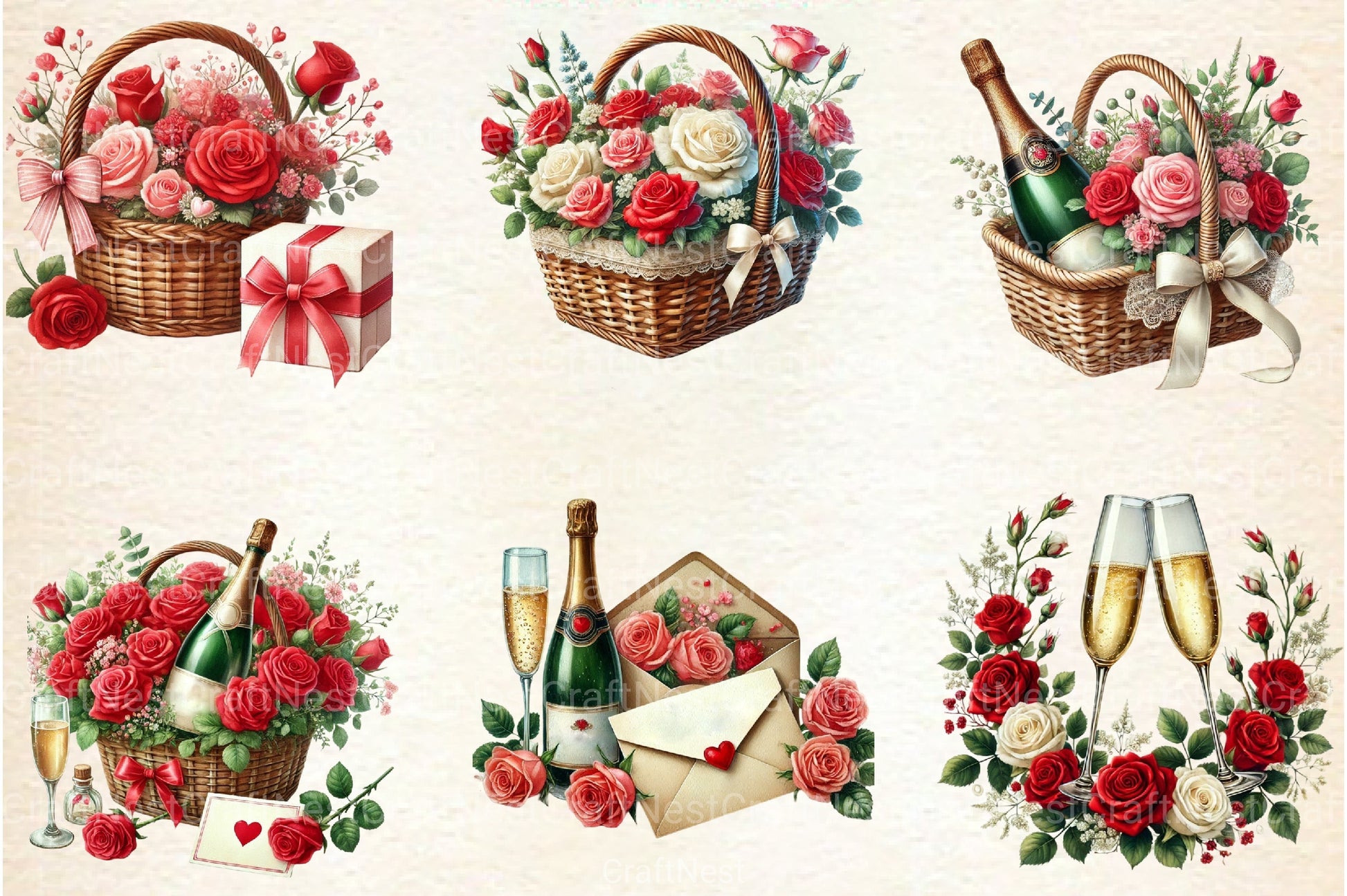 Valentine's Basket Love Rose Champagne Clipart Bundle - CraftNest - Digital Crafting and Art