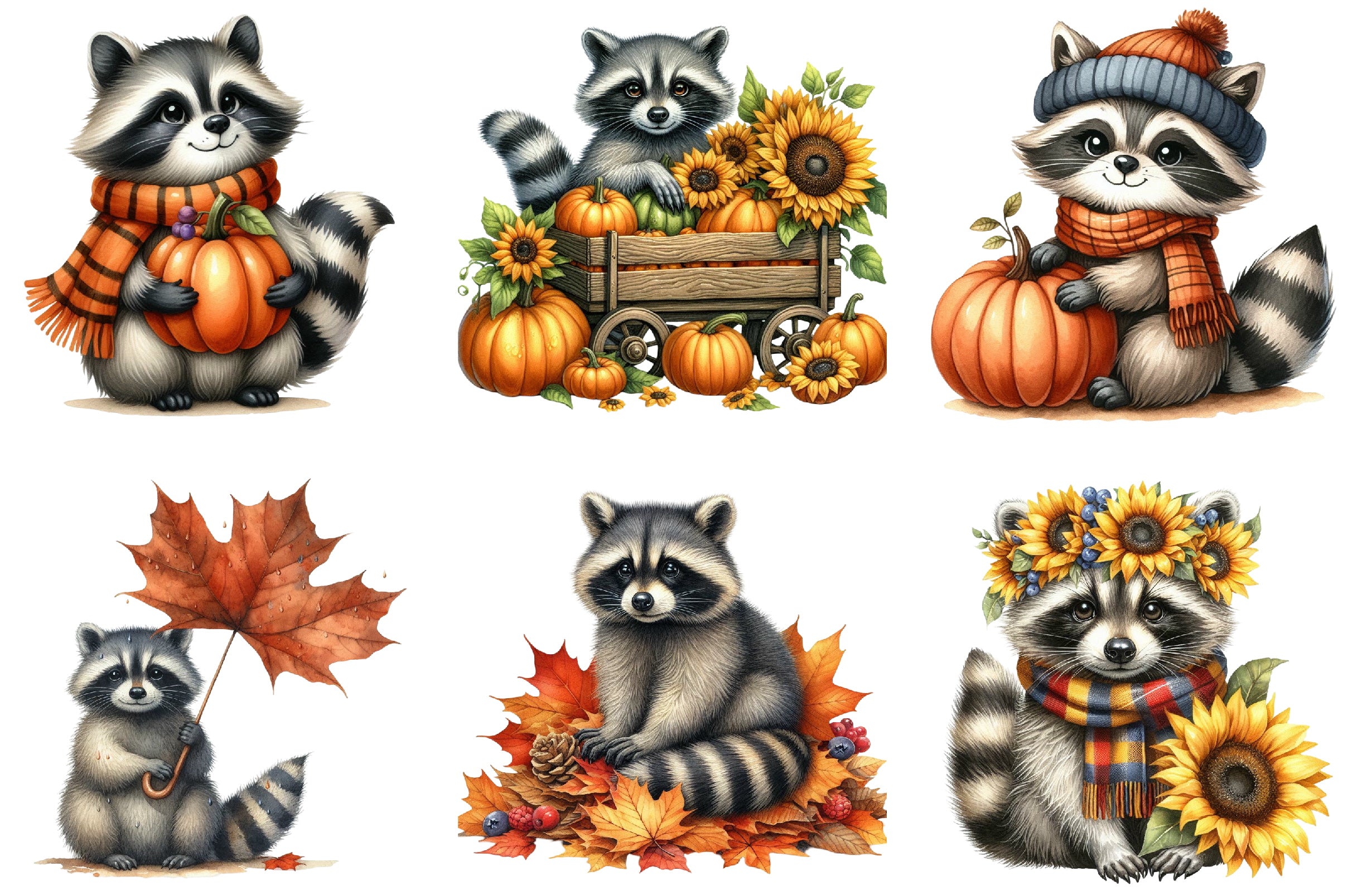 Autumn Raccoons Clipart Bundle