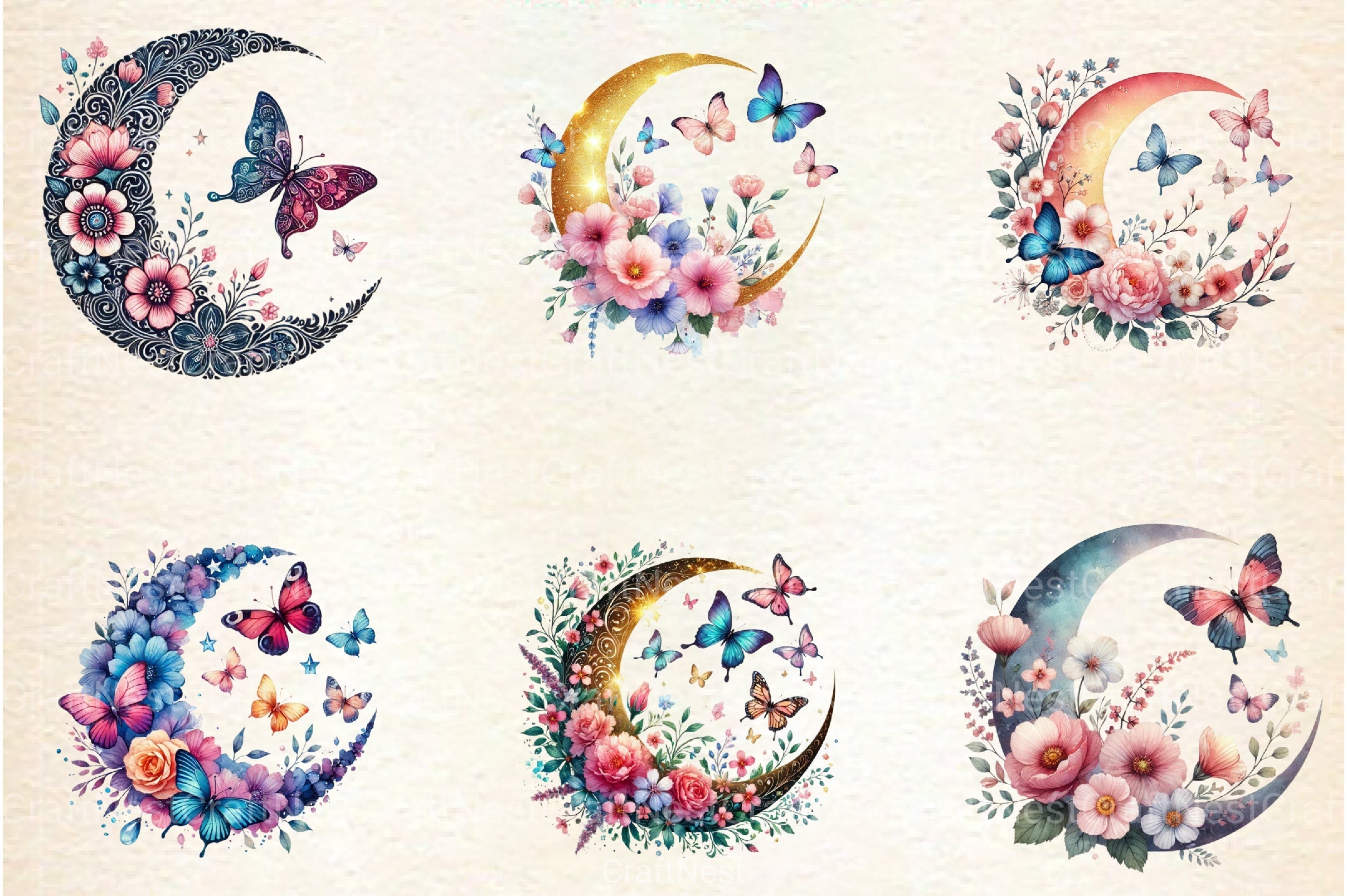 Butterfly and Flower Moon Clipart Bundle - CraftNest - Digital Crafting and Art
