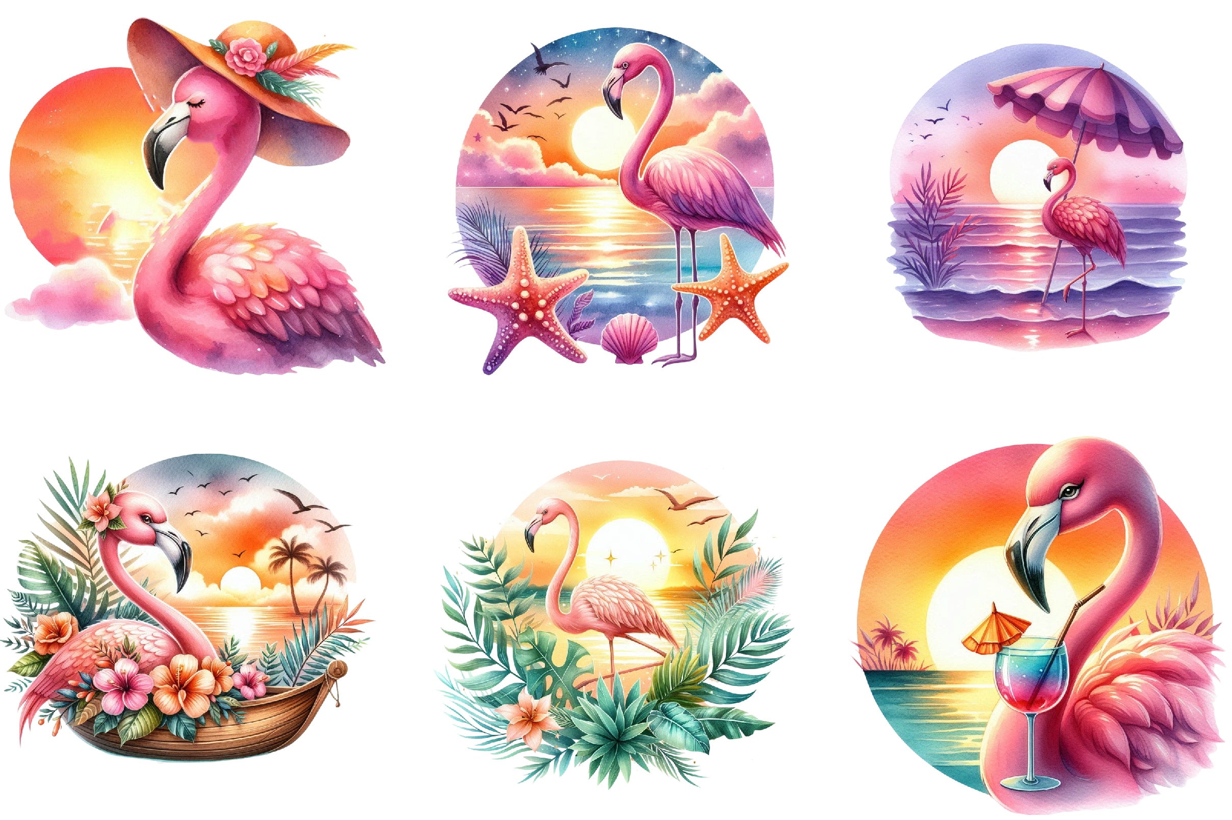 Flamingo Beach Sunset Clipart Bundle