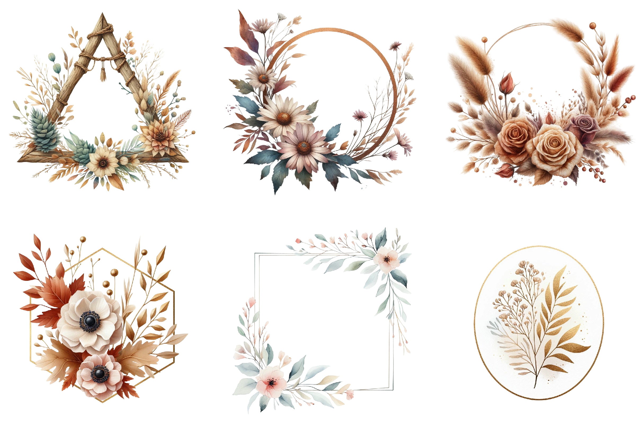 Boho Floral Frame Border Wreath Clipart Bundle