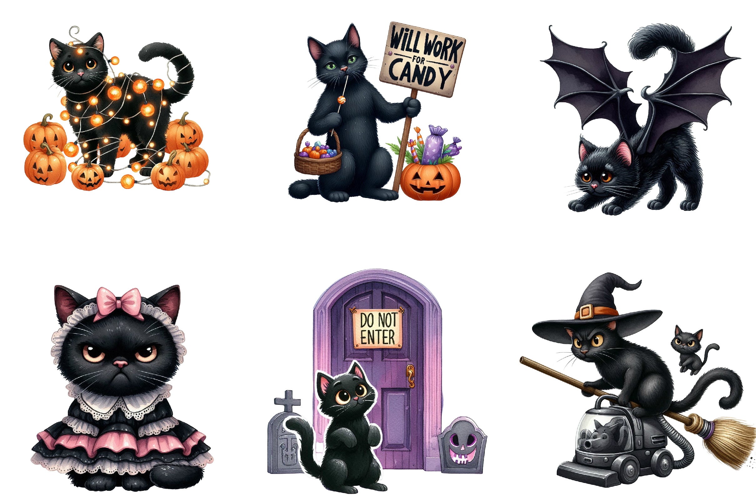 Funny Halloween Black Cat Clipart Bundle
