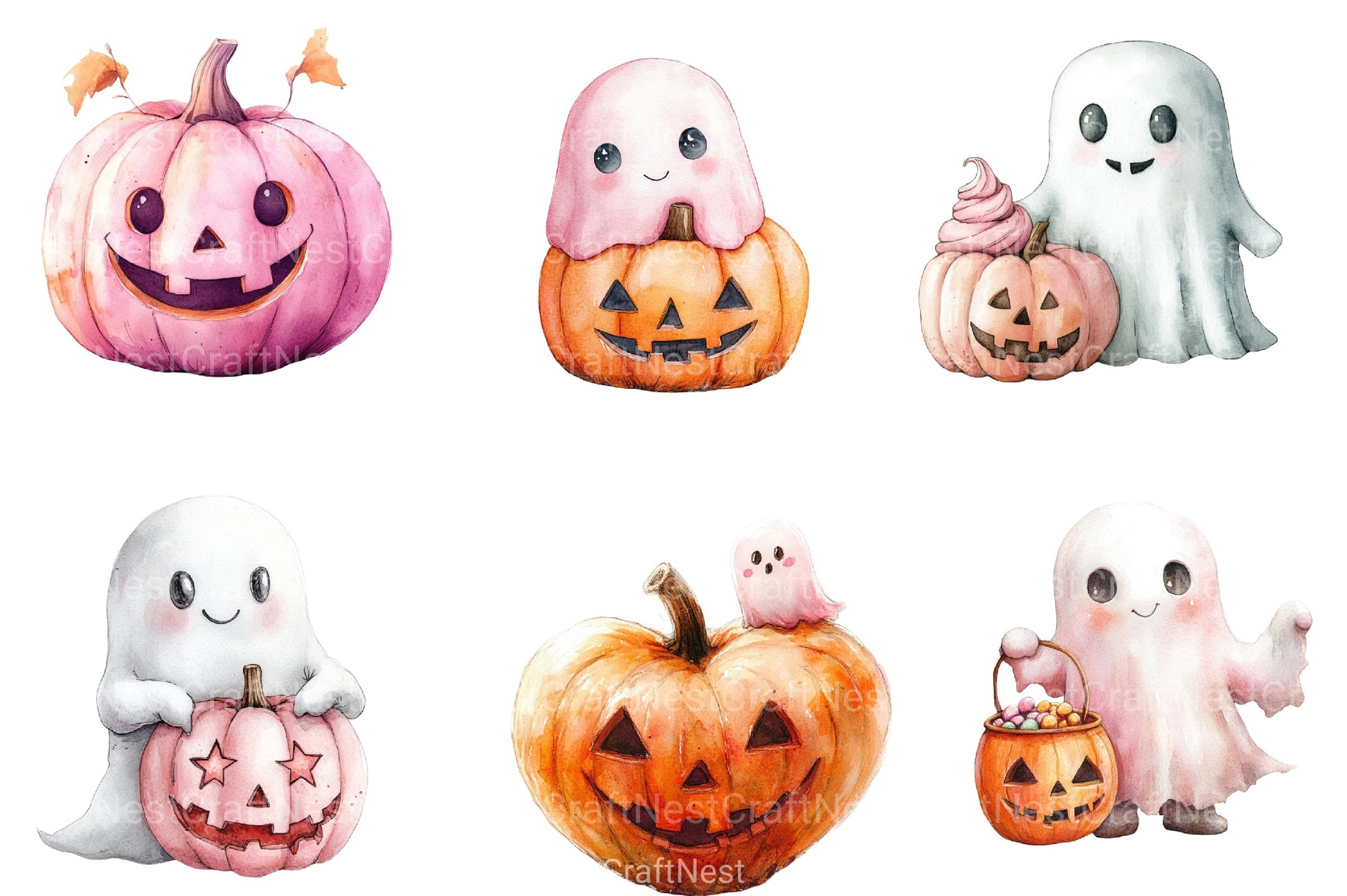 Cute Pink Ghost Pumpkin Halloween Clipart Bundle - CraftNest - Digital Crafting and Art