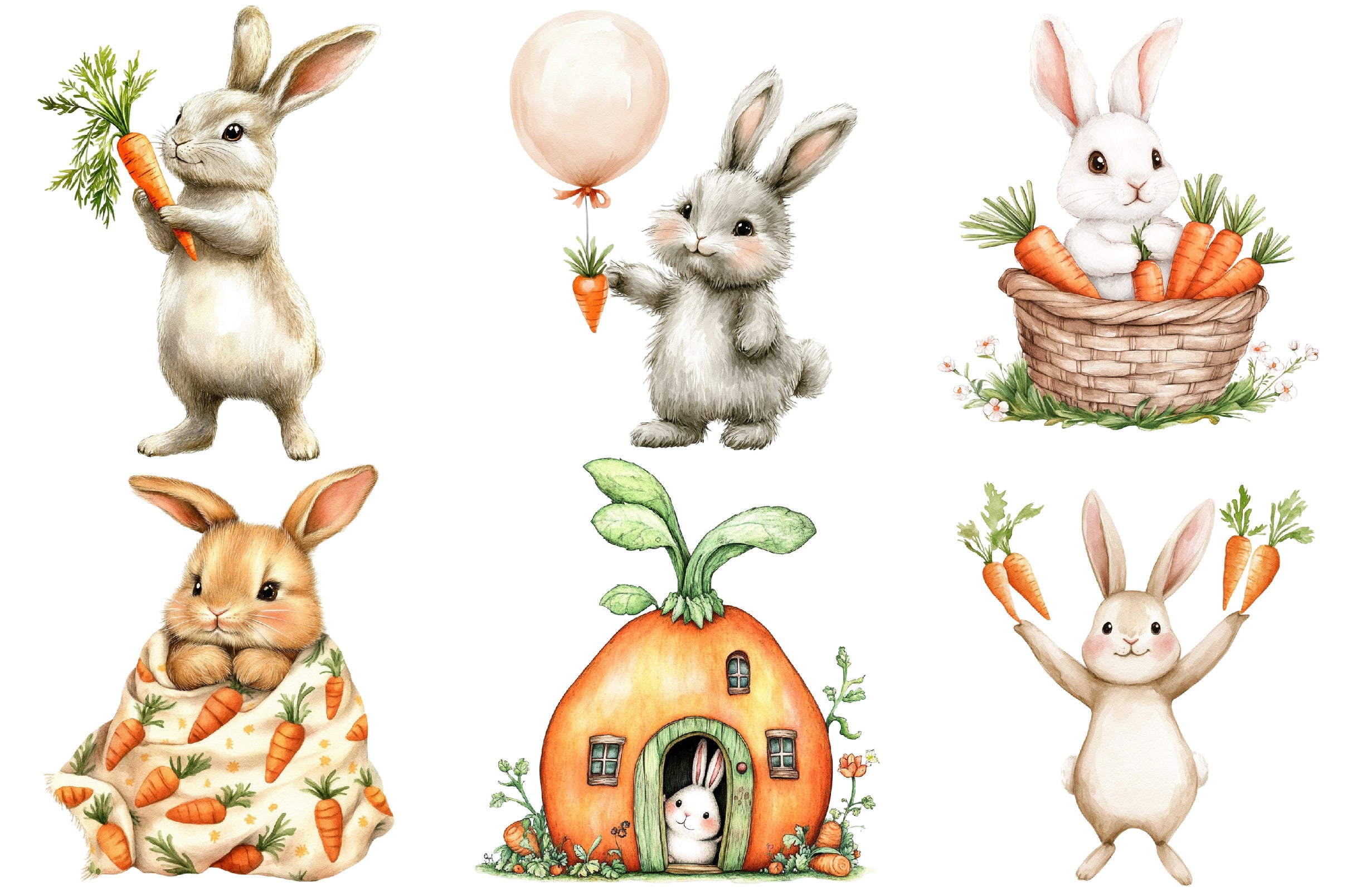 Hand Painted Bunny with Carrots Clipart Bundle