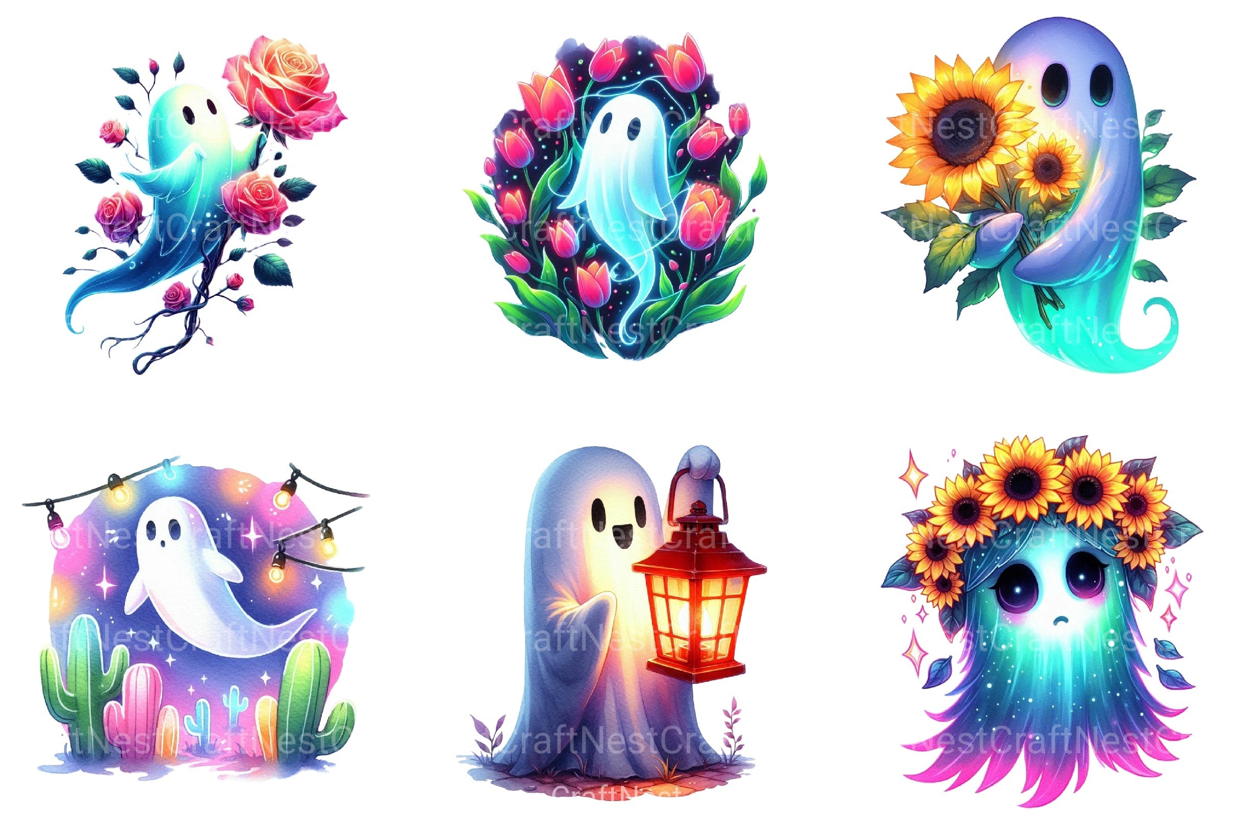 Neon Garden Ghost Halloween Clipart Bundle - CraftNest - Digital Crafting and Art