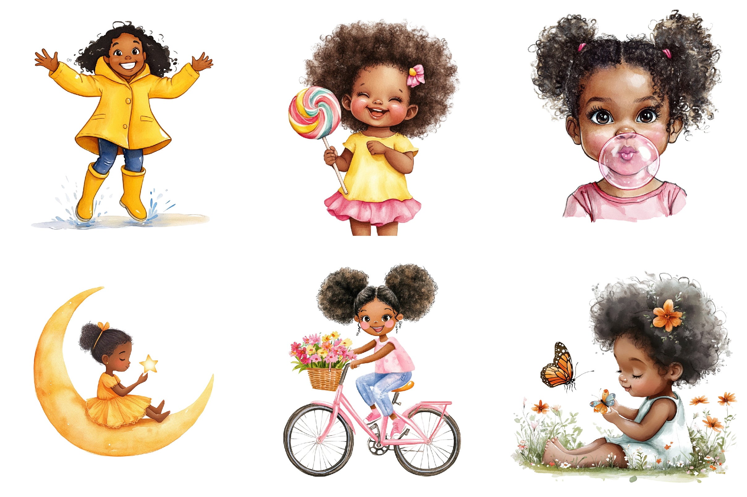 Black Girl Afro Kids Clipart Bundle