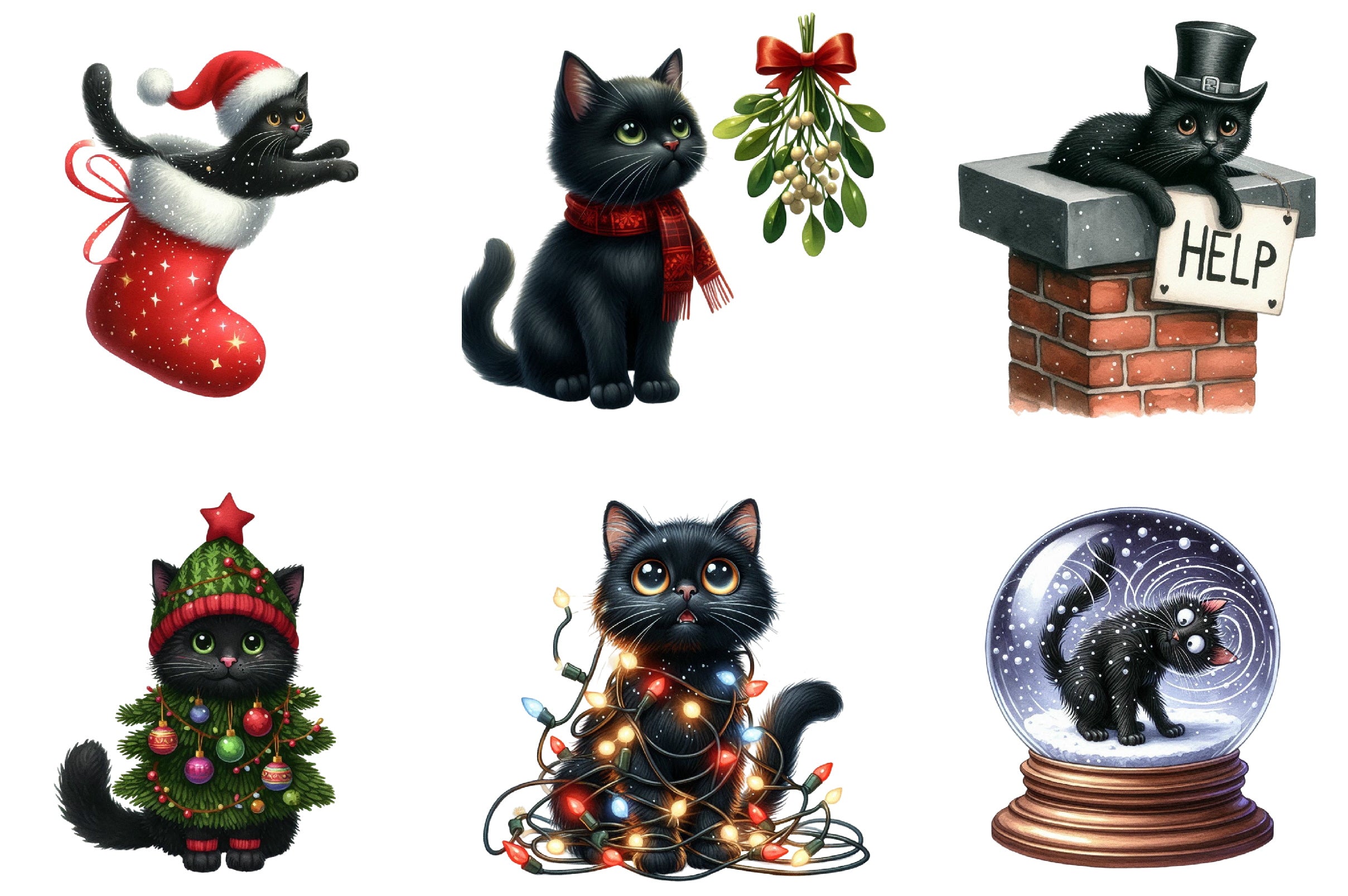 Christmas Black Cat Funny Clipart Bundle