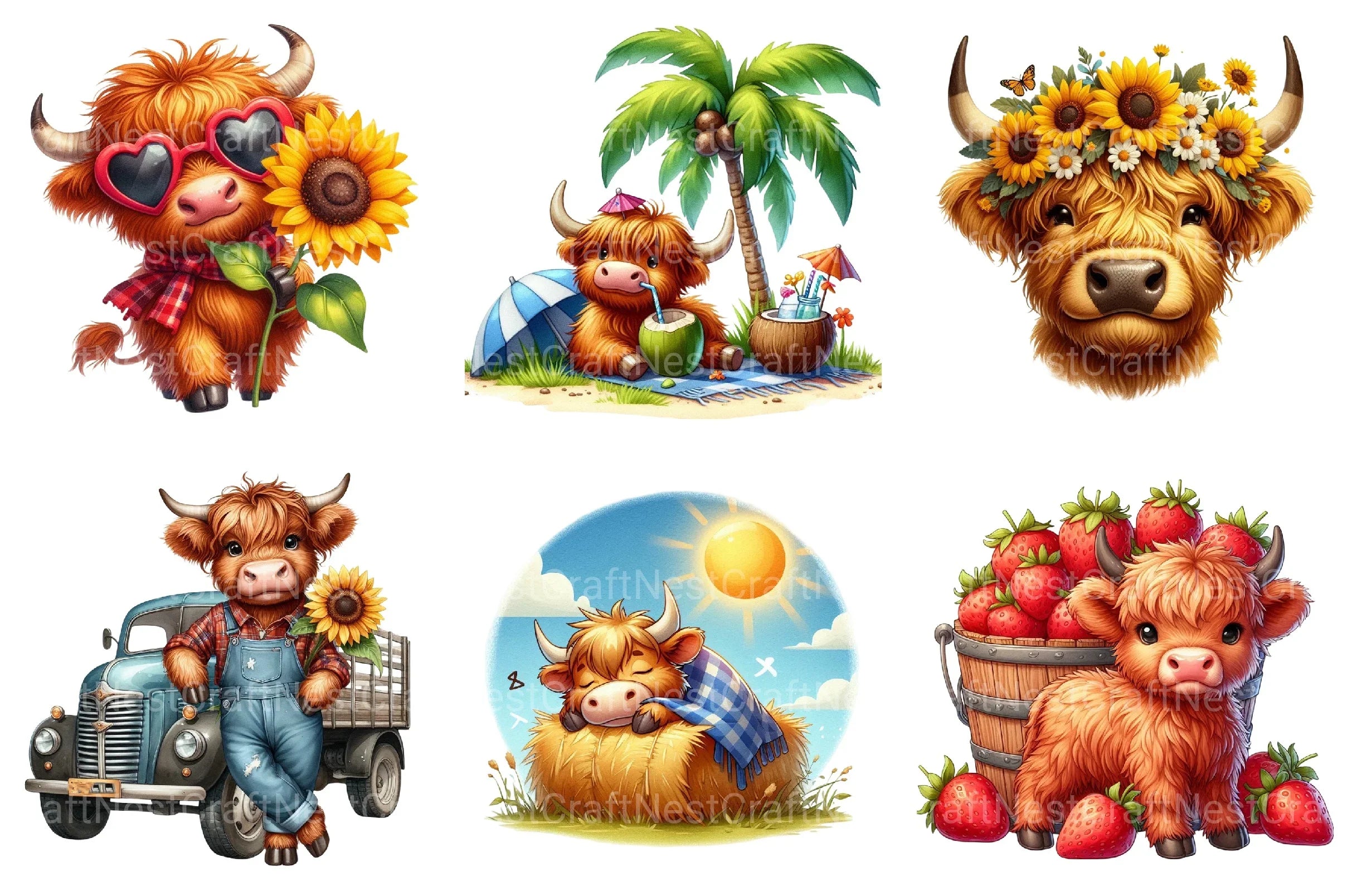 Summer Cute Highland Cow Clipart Bundle 1 - CraftNest - Digital Crafting and Art