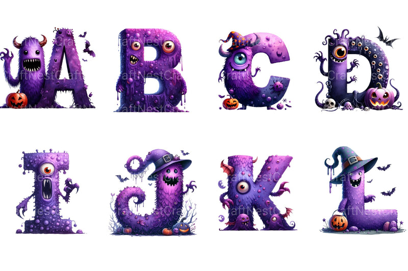 Purple Halloween Monster Alphabet Clipart Bundle - CraftNest - Digital Crafting and Art