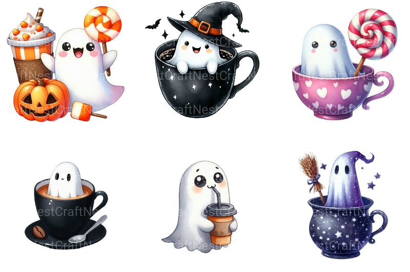Cute Ghosts in Coffee Cup Halloween Clipart Bundle - CraftNest - Digital Crafting and Art