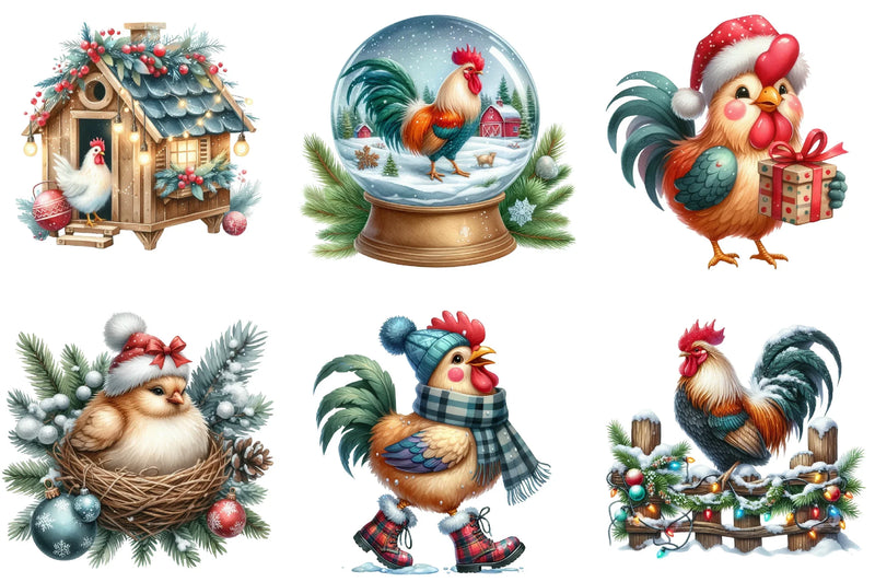 Christmas Rooster and Chicken Clipart Bundle - CraftNest - Digital Crafting and Art