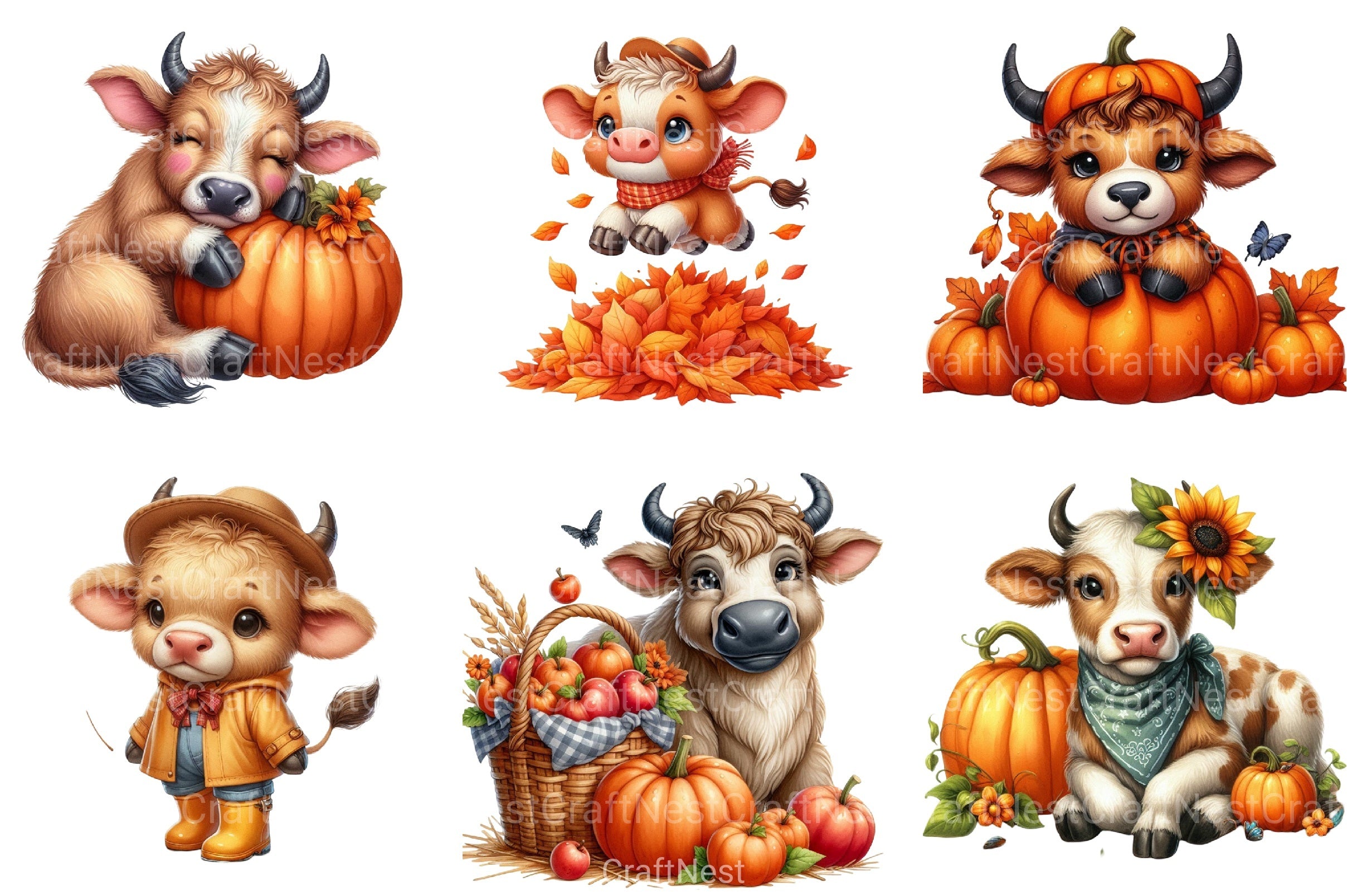 Autumn Cute Bull Clipart Bundle - CraftNest - Digital Crafting and Art