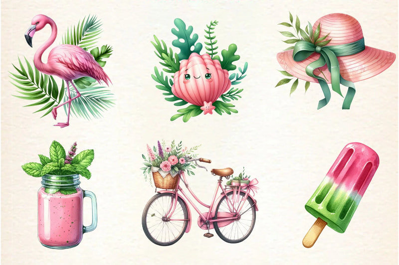 Pink and Green Summer Clipart Bundle - CraftNest - Digital Crafting and Art