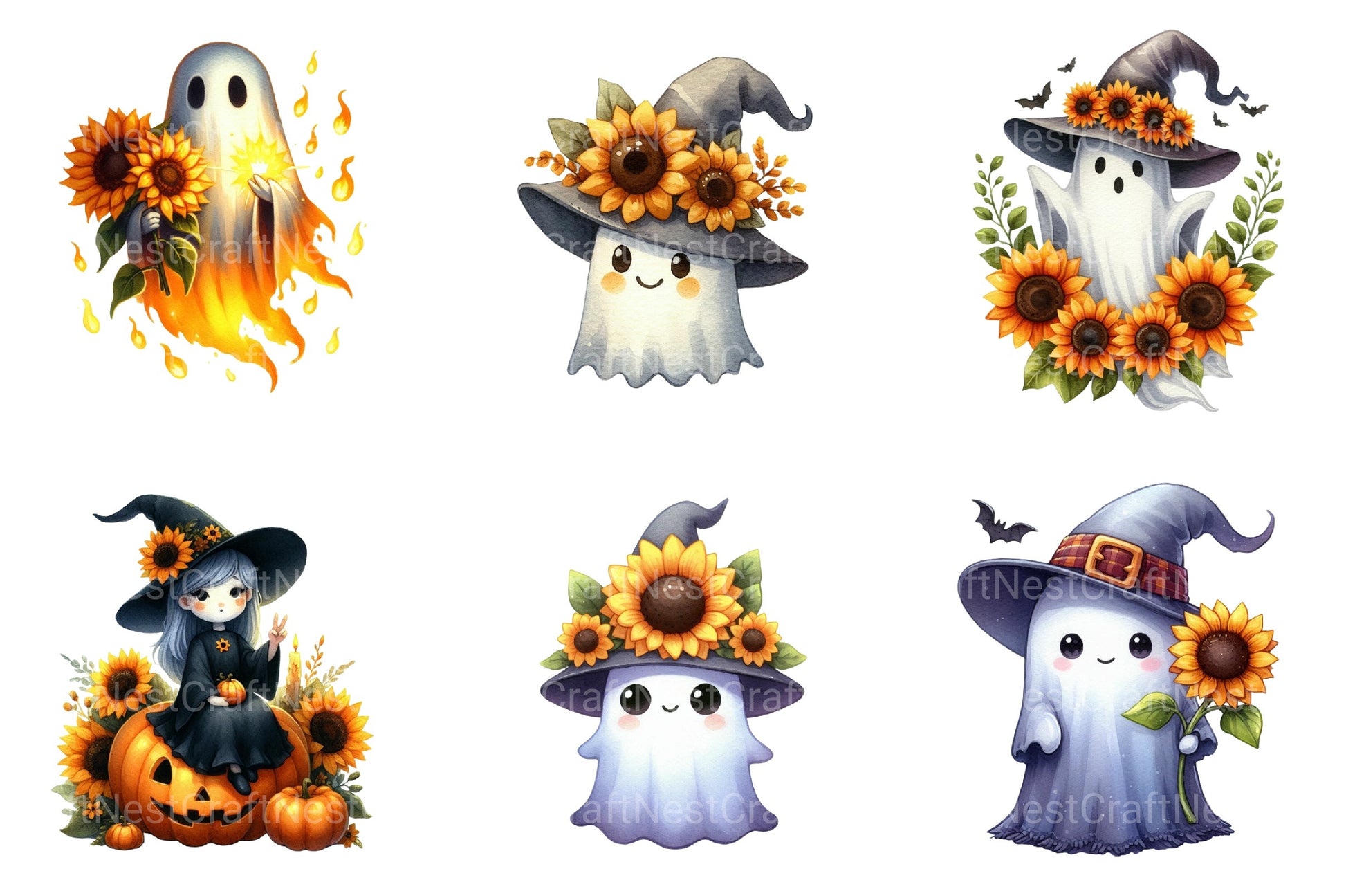 Witchy Sunflower Ghost Halloween Clipart Bundle - CraftNest - Digital Crafting and Art