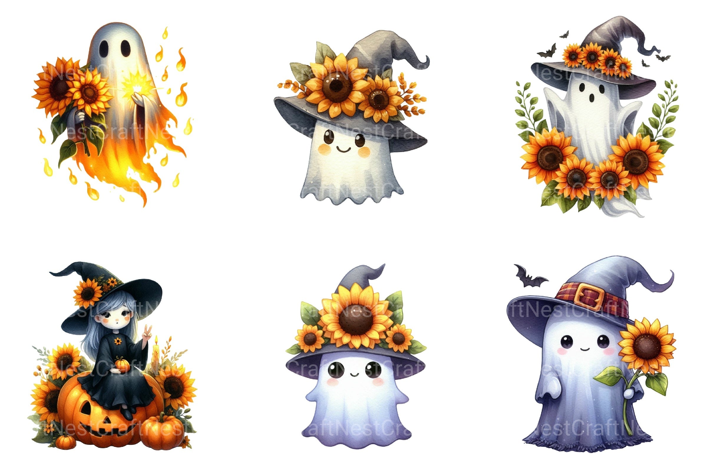 Witchy Sunflower Ghost Halloween Clipart Bundle - CraftNest - Digital Crafting and Art