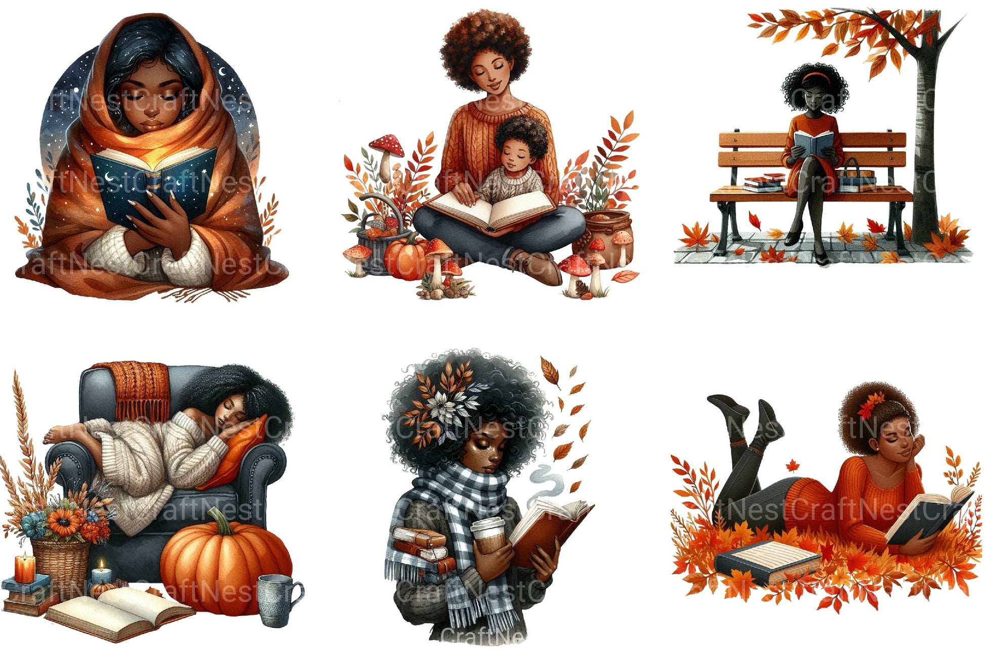 Autumn Black Woman Reading Clipart Bundle - CraftNest - Digital Crafting and Art