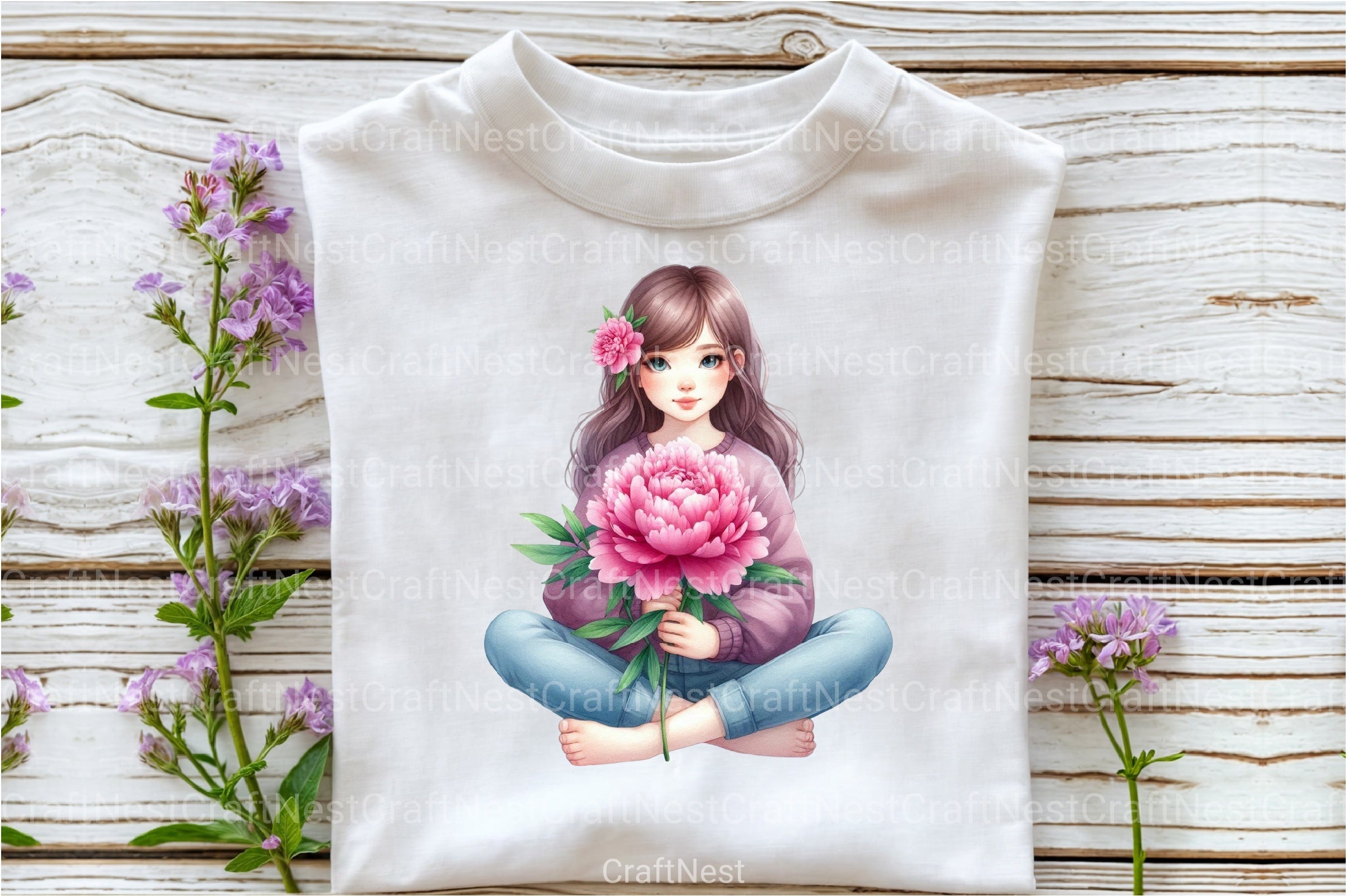 Girl with Peonies Flower Clipart Bundle 15 - CraftNest - Digital Crafting and Art