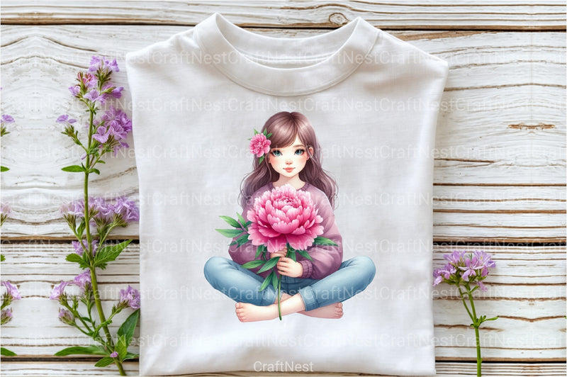 Girl with Peonies Flower Clipart Bundle 15 - CraftNest - Digital Crafting and Art