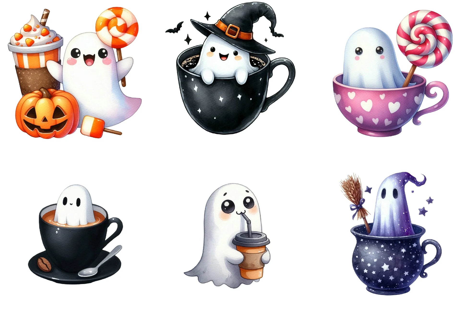 Cute Ghosts in Coffee Cup Halloween Clipart Bundle - CraftNest - Digital Crafting and Art