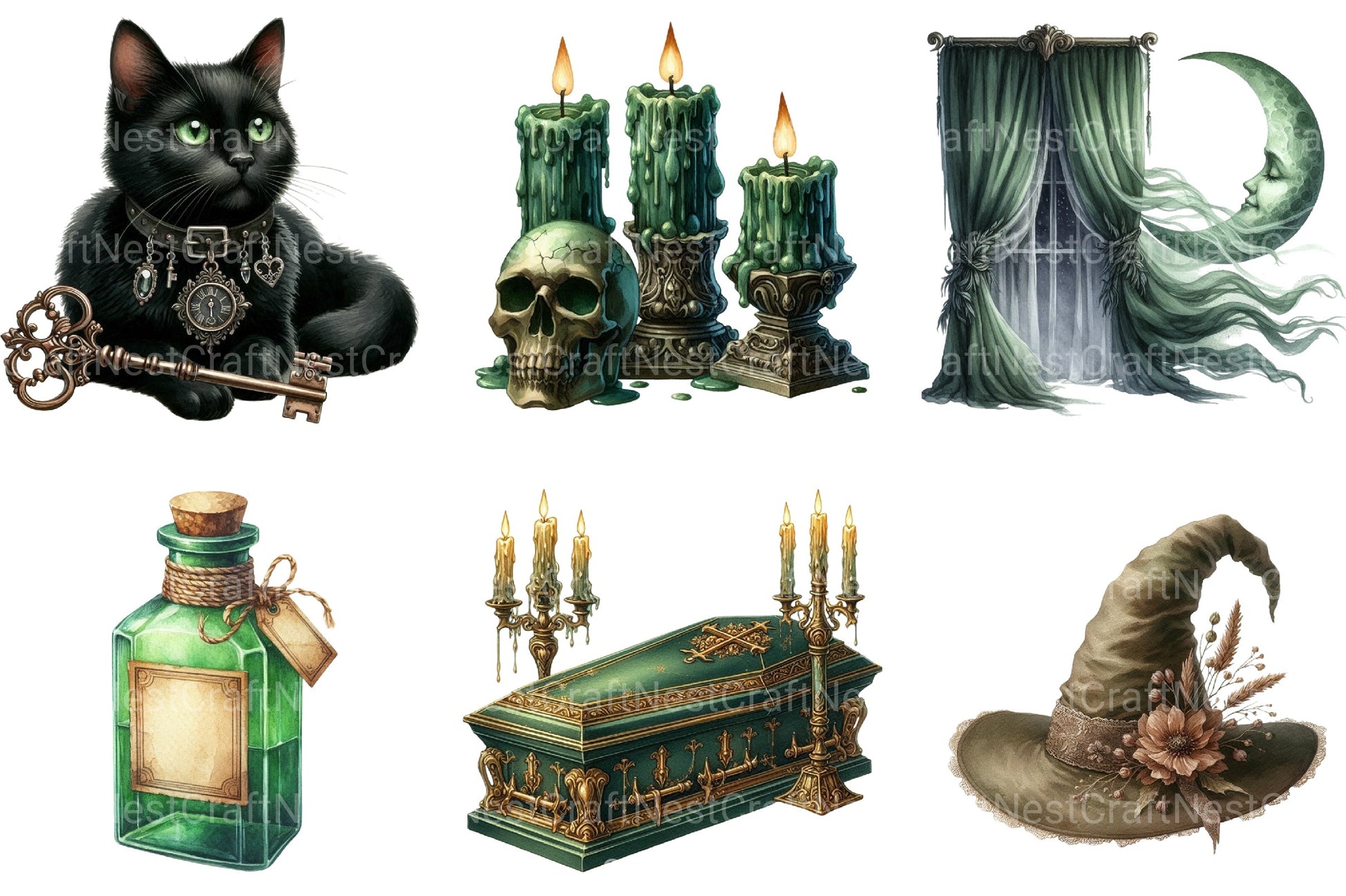 Antique Green Halloween Clipart Bundle 2 - CraftNest - Digital Crafting and Art