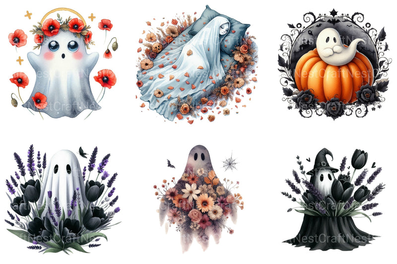 Vintage Halloween Ghost Floral Clipart Bundle - CraftNest - Digital Crafting and Art