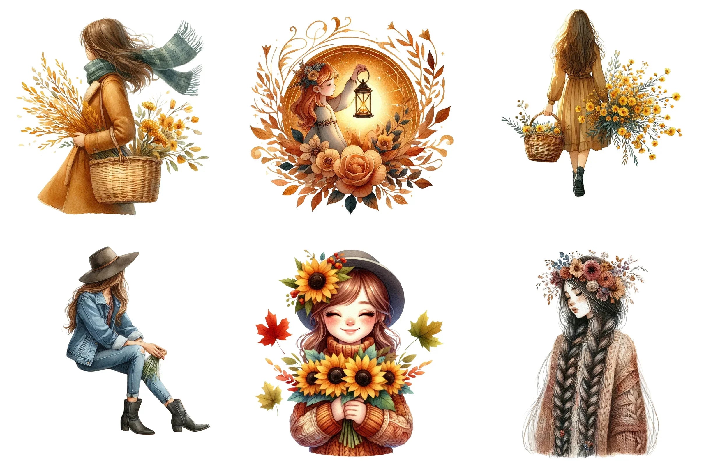 Girls with Fall Flowers Clipart Bundle - CraftNest - Digital Crafting and Art