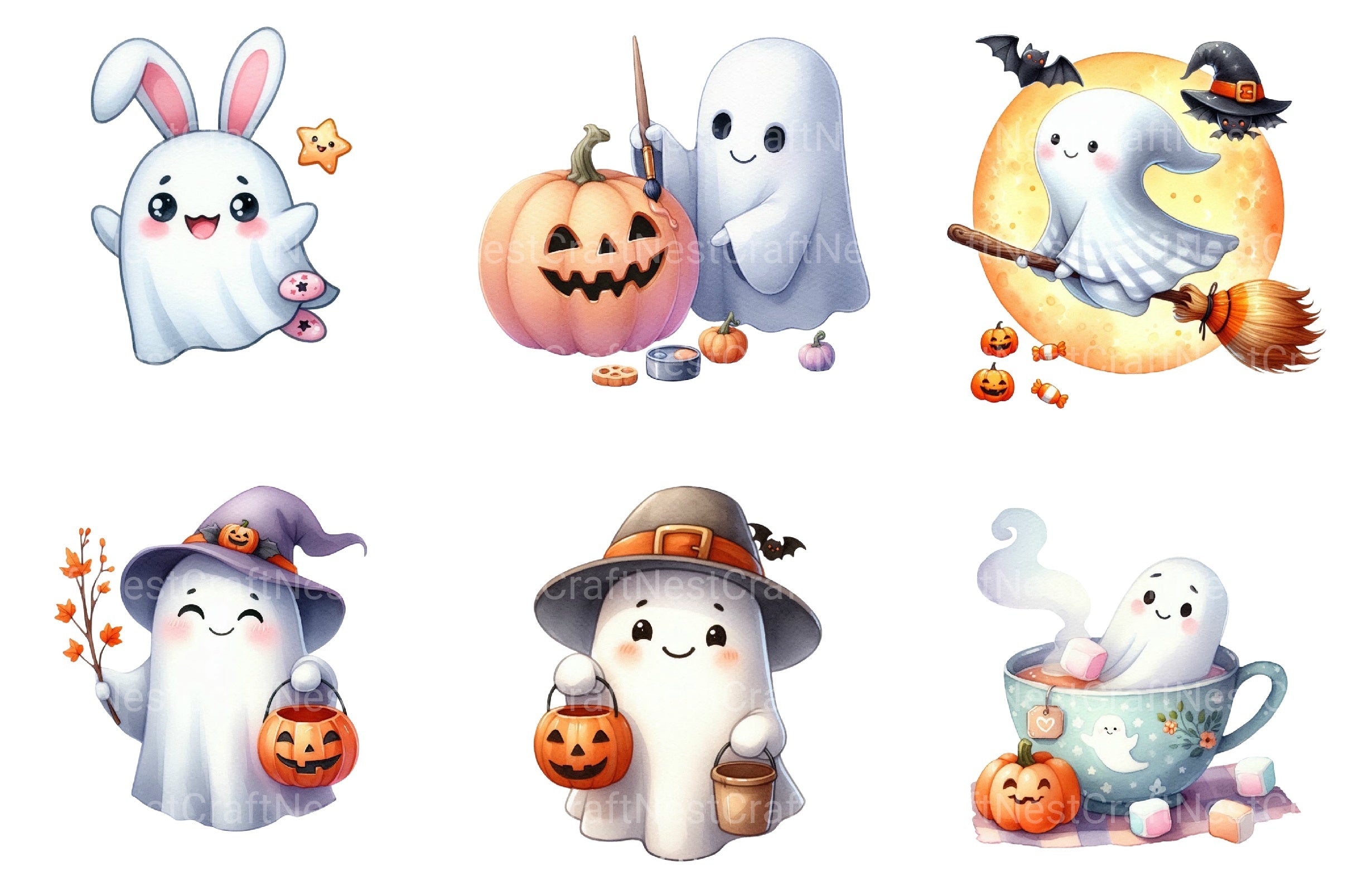 Halloween Cute Ghost Clipart Bundle 99 - CraftNest - Digital Crafting and Art