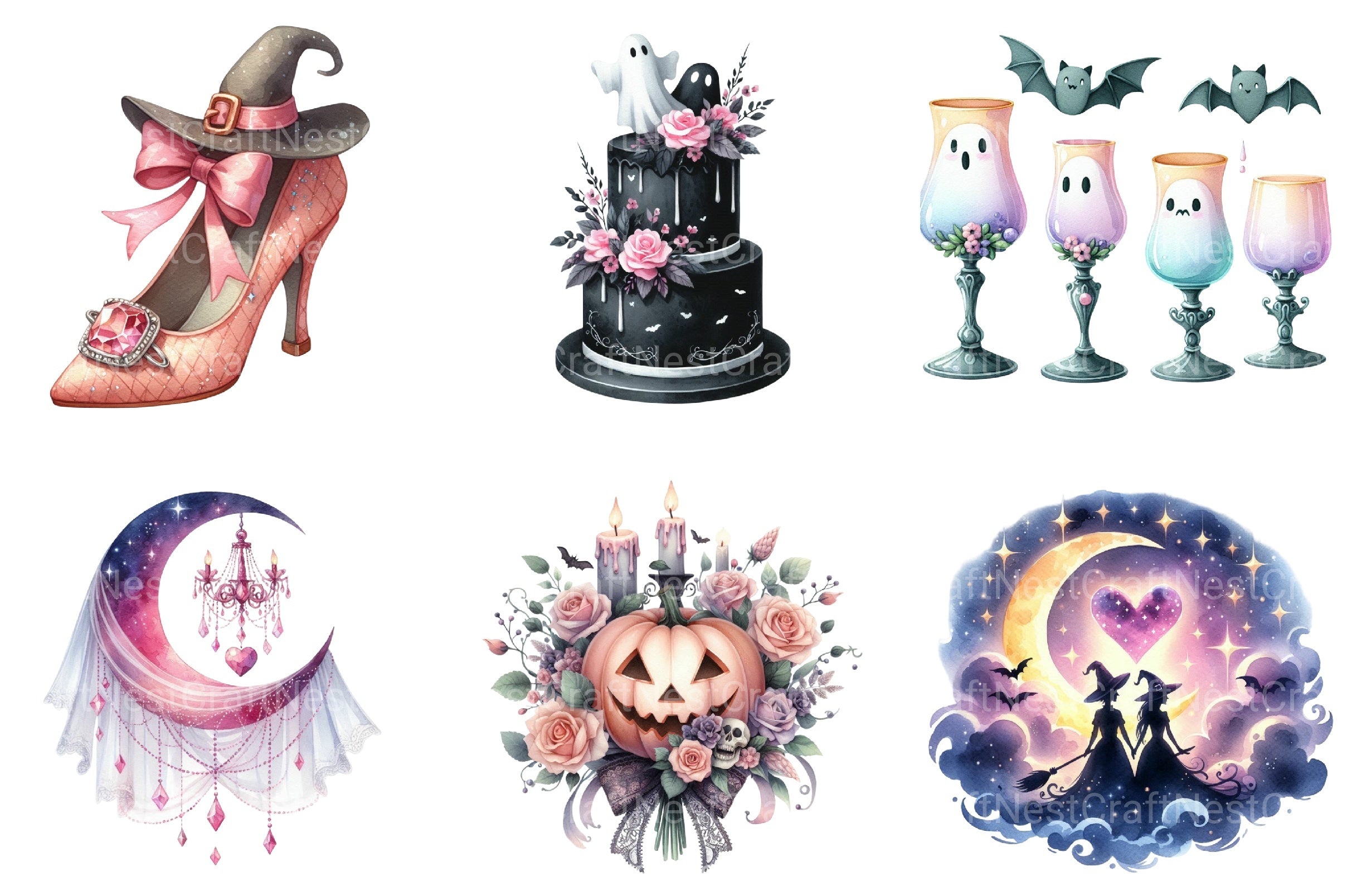 Pink Halloween Witch Wedding Clipart Bundle 17 - CraftNest - Digital Crafting and Art
