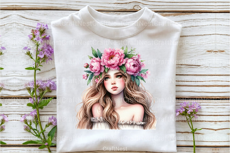 Girl with Peonies Flower Clipart Bundle 4 - CraftNest - Digital Crafting and Art