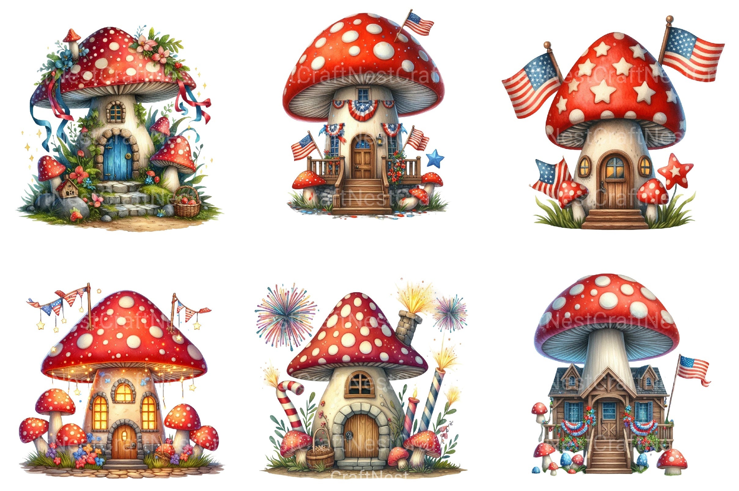 4th of July Mushroom House Clipart Bundle - CraftNest - Digital Crafting and Art
