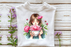 Girl with Peonies Flower Clipart Bundle 6 - CraftNest - Digital Crafting and Art